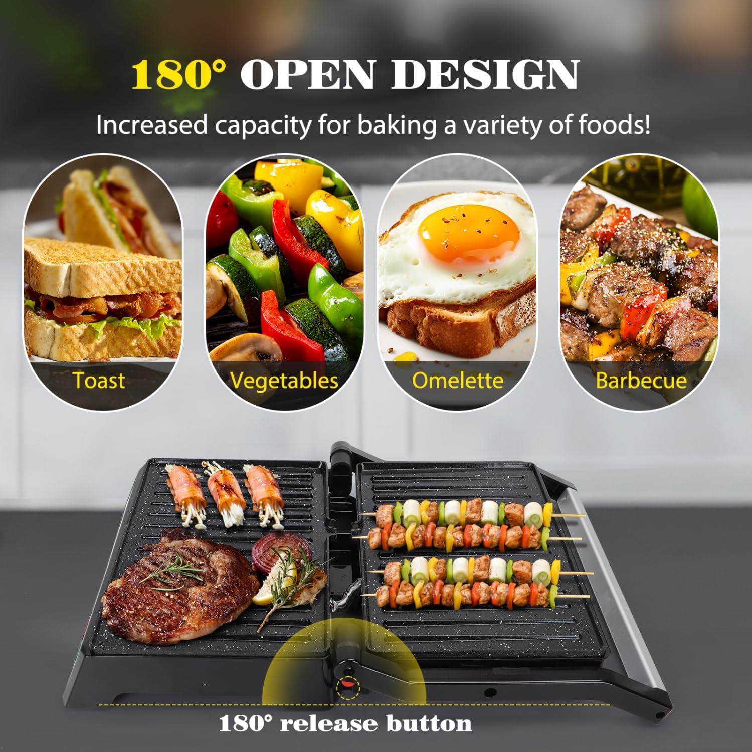 image:imageAigostar Panini Press 1200W Sandwich Maker and Electric Indoor Grill with Ceramic NonStick Coated Plates Opens 180to Fit Any Size of Food Stainless Steel Surface amp Removable Drip Tray Silver