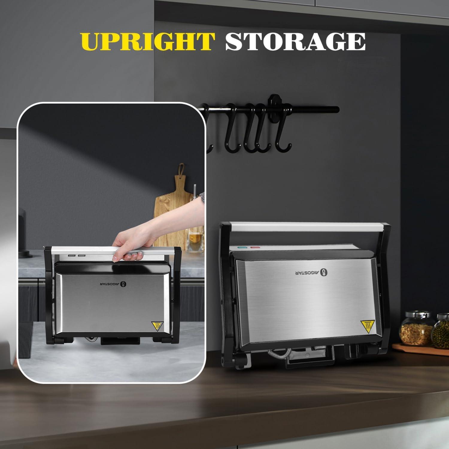 image:imageAigostar Panini Press 1200W Sandwich Maker and Electric Indoor Grill with Ceramic NonStick Coated Plates Opens 180to Fit Any Size of Food Stainless Steel Surface amp Removable Drip Tray Silver
