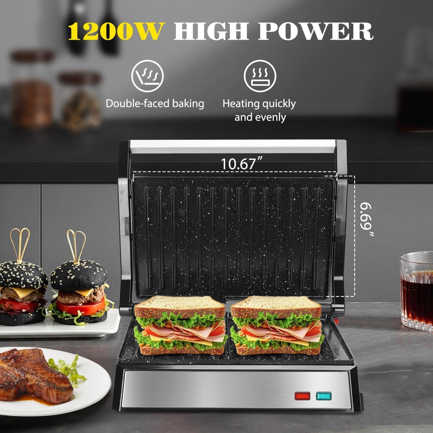 image:imageAigostar Panini Press 1200W Sandwich Maker and Electric Indoor Grill with Ceramic NonStick Coated Plates Opens 180to Fit Any Size of Food Stainless Steel Surface amp Removable Drip Tray Silver