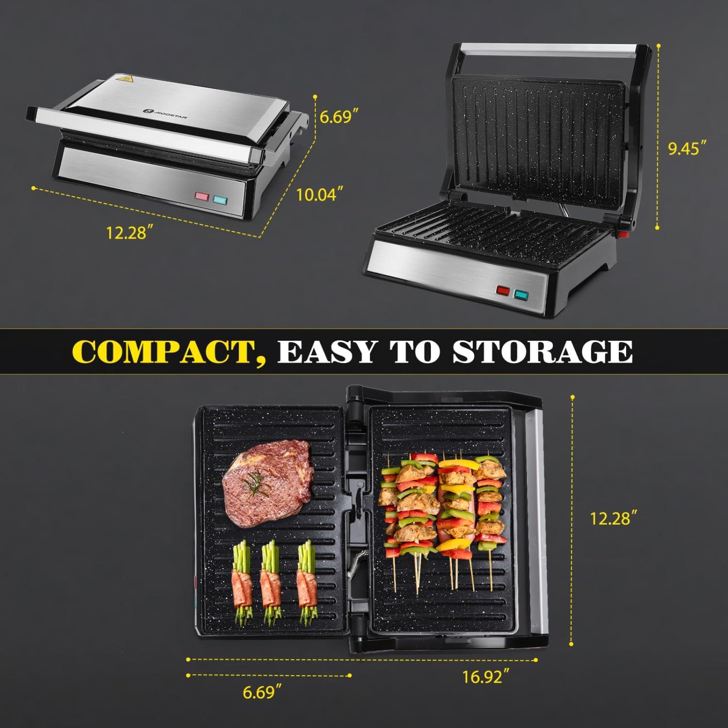 image:imageAigostar Panini Press 1200W Sandwich Maker and Electric Indoor Grill with Ceramic NonStick Coated Plates Opens 180to Fit Any Size of Food Stainless Steel Surface amp Removable Drip Tray Silver