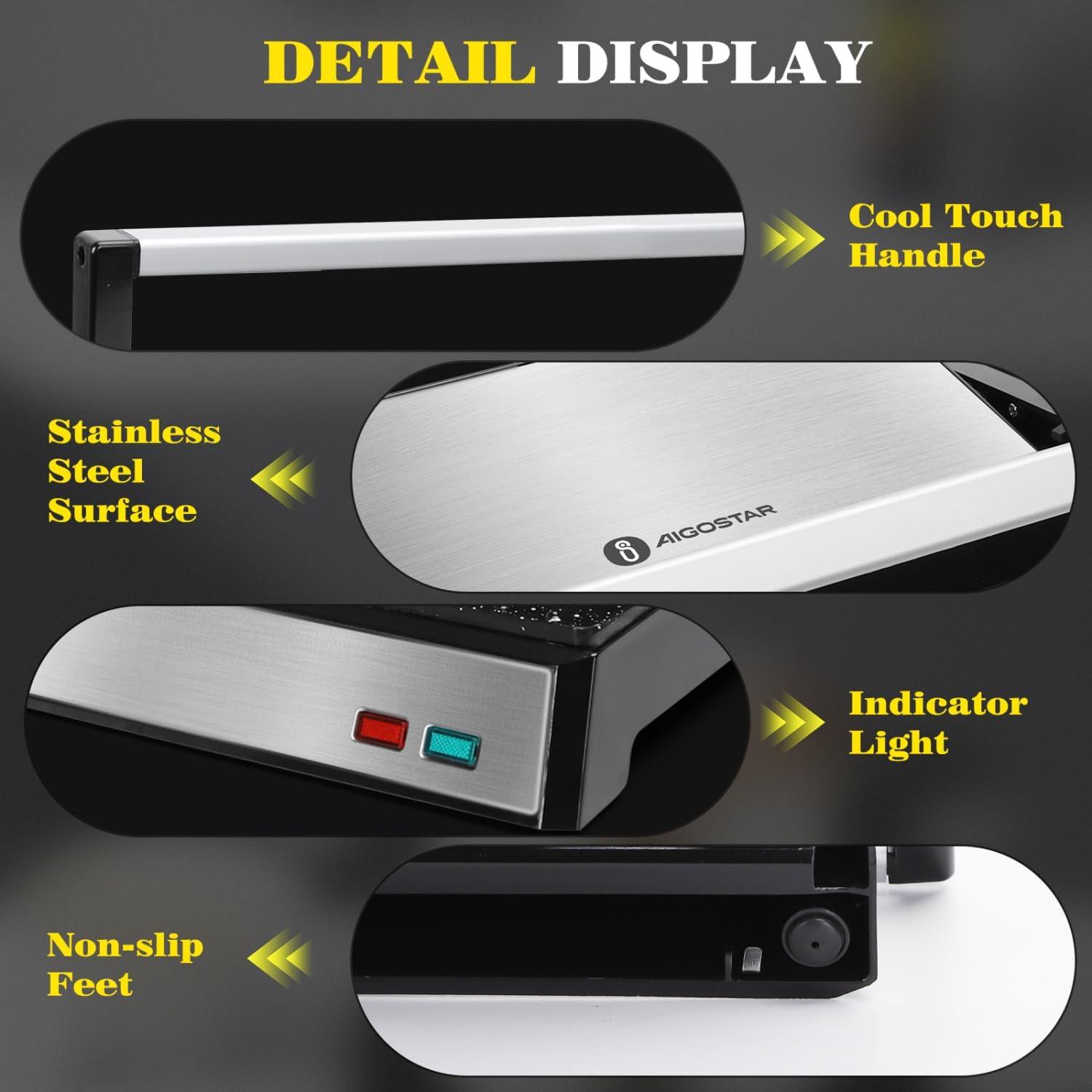 image:imageAigostar Panini Press 1200W Sandwich Maker and Electric Indoor Grill with Ceramic NonStick Coated Plates Opens 180to Fit Any Size of Food Stainless Steel Surface amp Removable Drip Tray Silver