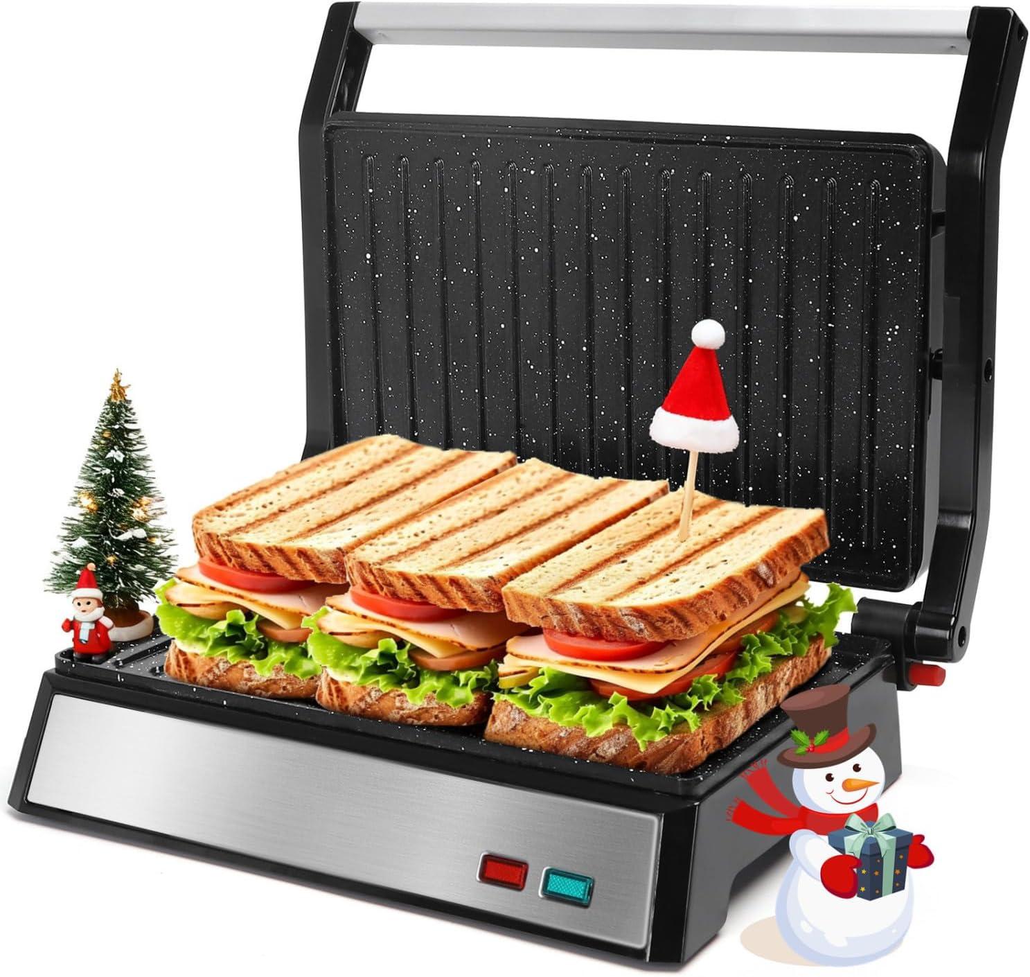 image:imageAigostar Panini Press 1200W Sandwich Maker and Electric Indoor Grill with Ceramic NonStick Coated Plates Opens 180to Fit Any Size of Food Stainless Steel Surface amp Removable Drip Tray Silver