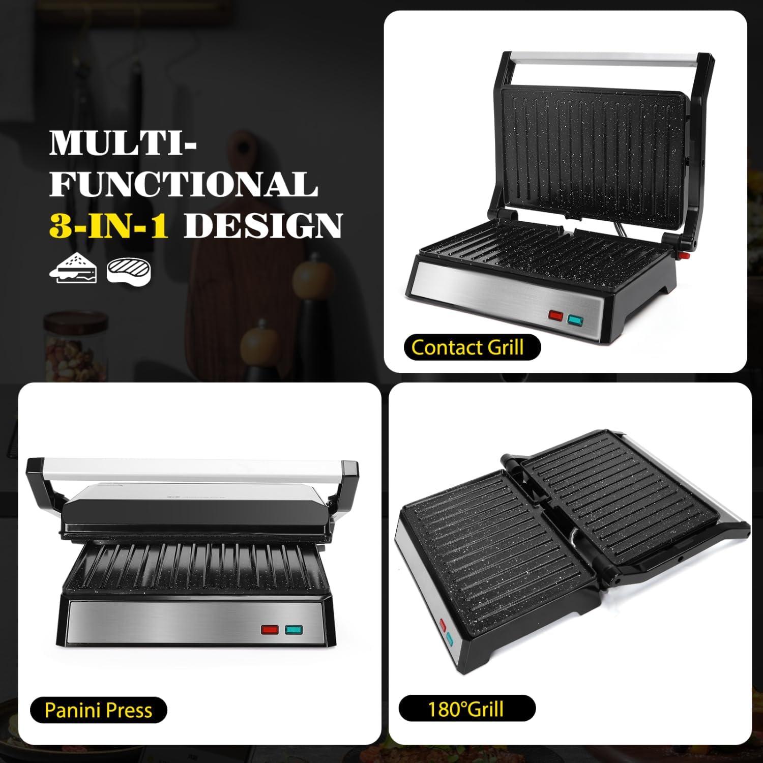 image:imageAigostar Panini Press 1200W Sandwich Maker and Electric Indoor Grill with Ceramic NonStick Coated Plates Opens 180to Fit Any Size of Food Stainless Steel Surface amp Removable Drip Tray Silver