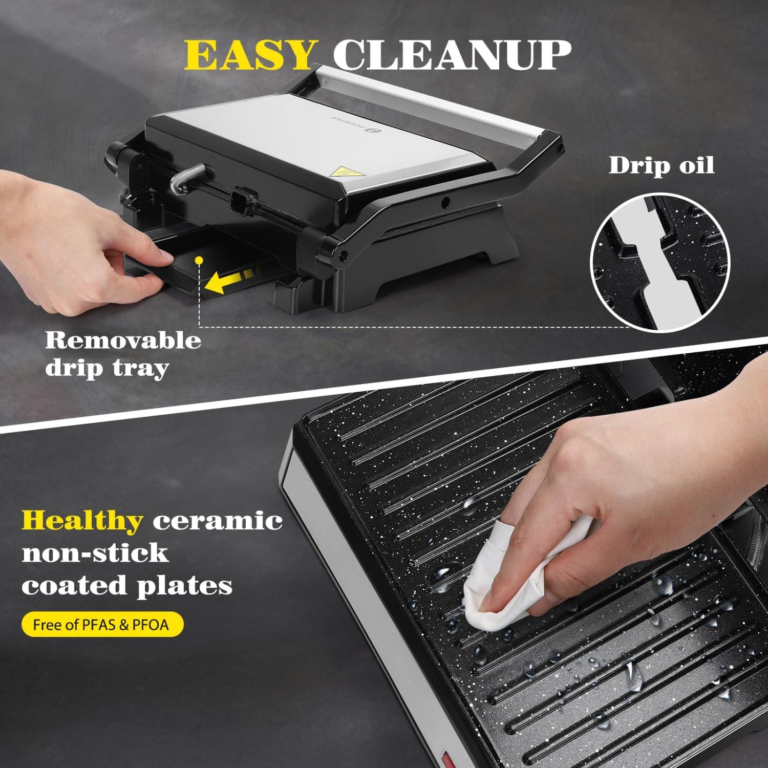 image:imageAigostar Panini Press 1200W Sandwich Maker and Electric Indoor Grill with Ceramic NonStick Coated Plates Opens 180to Fit Any Size of Food Stainless Steel Surface amp Removable Drip Tray Silver