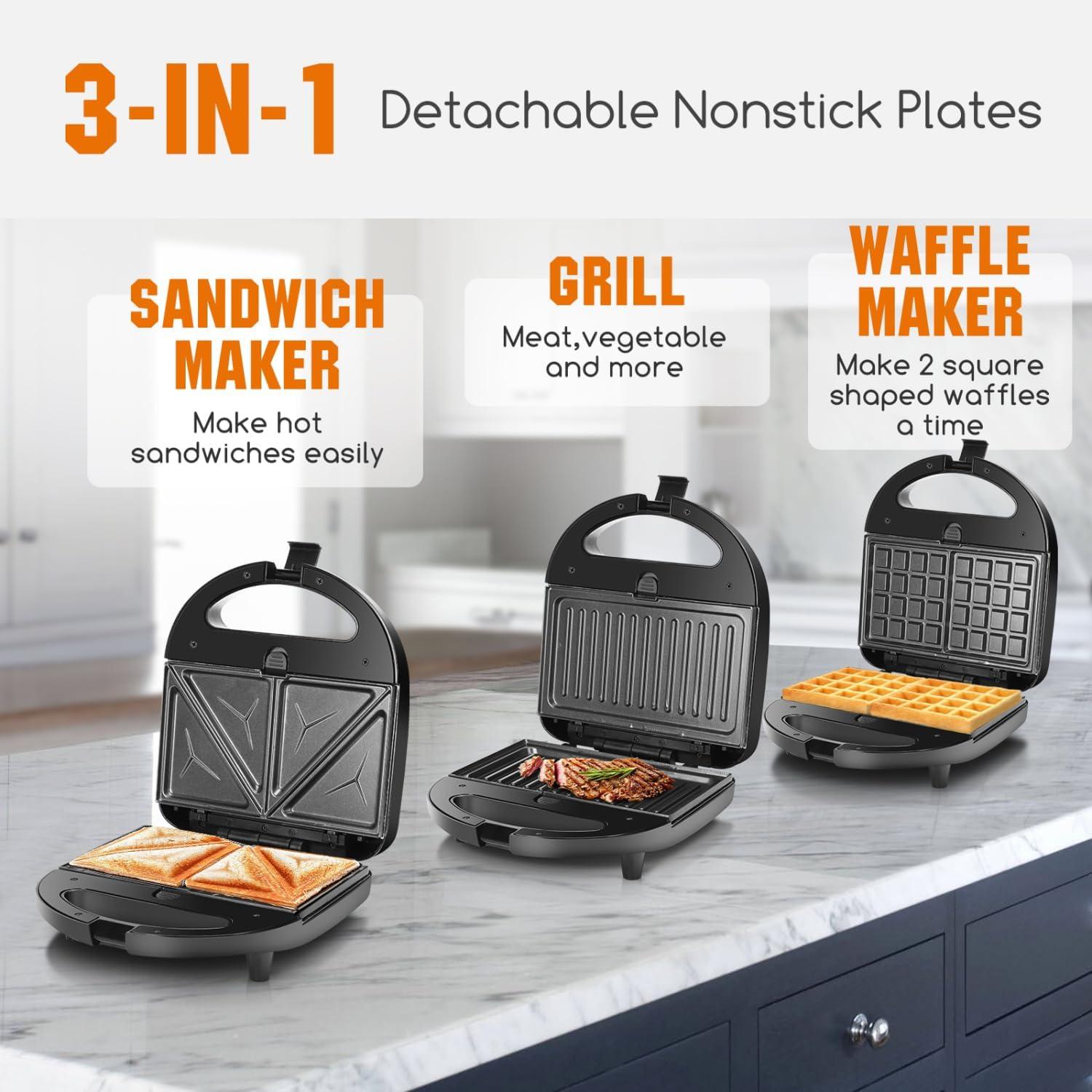 image:imageAigostar Sandwich Maker Panini Press Grill 3 in 1 Waffle Maker with Removable Nonstick Plates Electric Grilled Cheese Maker Portable Cool Touch Handle Led Indicator Lights amp Easy to Clean 750WBlack