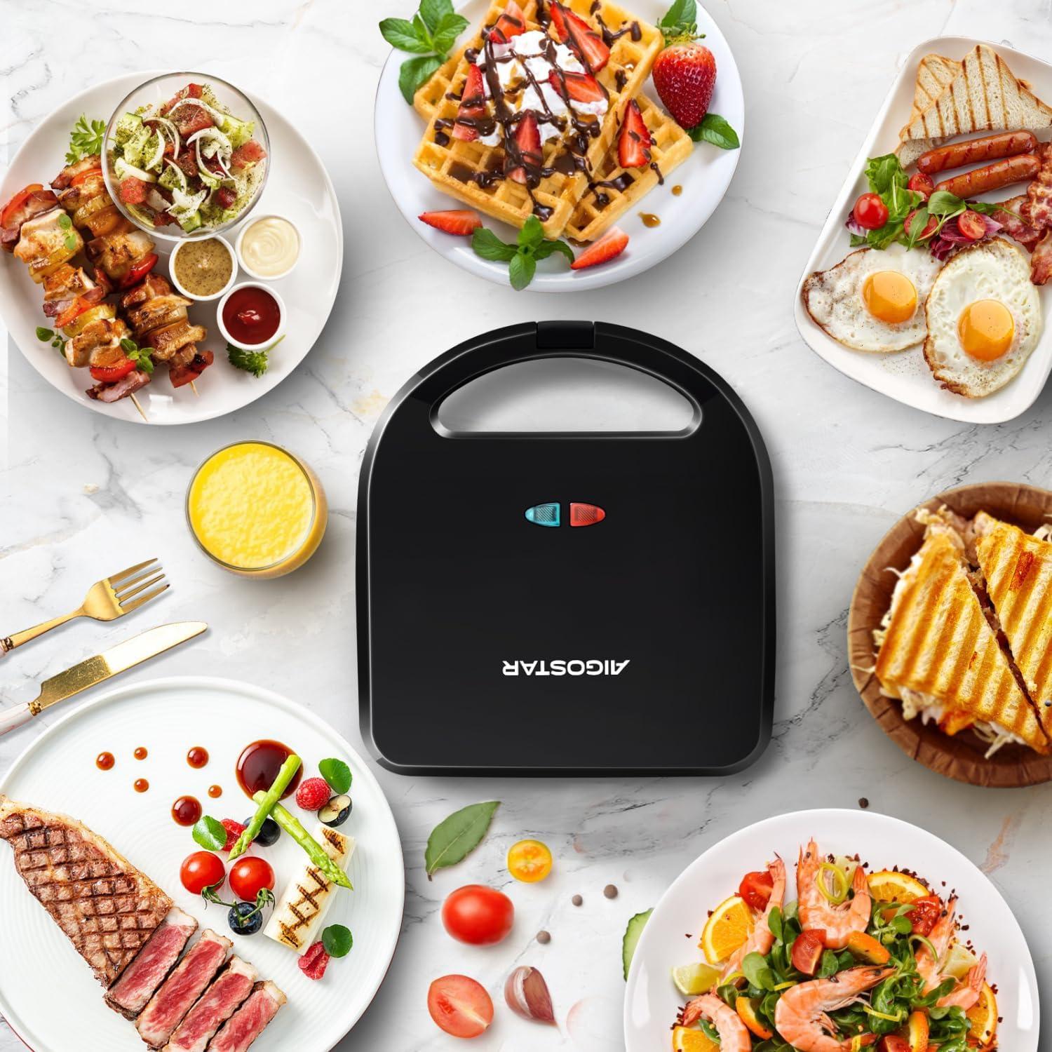 image:imageAigostar Sandwich Maker Panini Press Grill 3 in 1 Waffle Maker with Removable Nonstick Plates Electric Grilled Cheese Maker Portable Cool Touch Handle Led Indicator Lights amp Easy to Clean 750WBlack