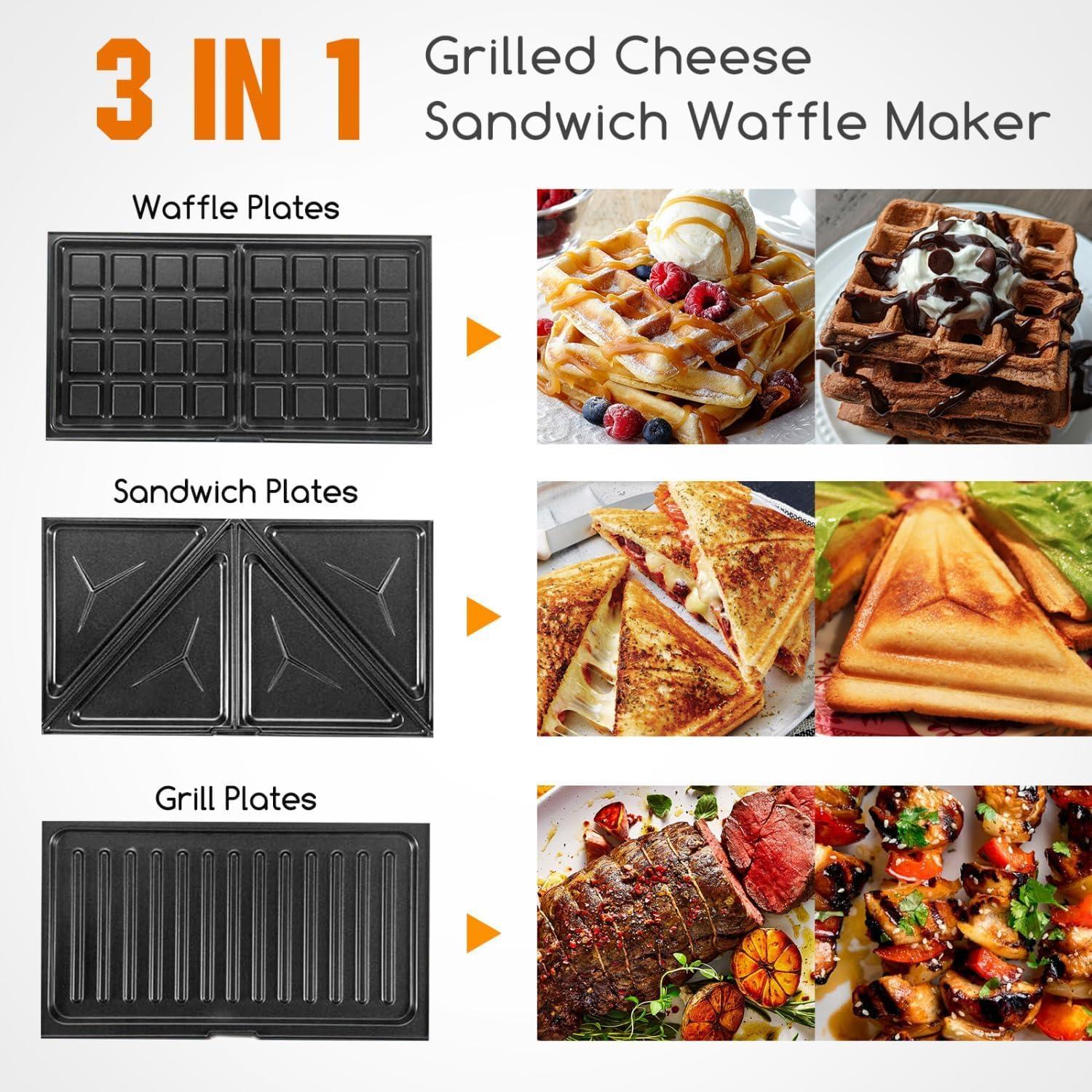image:imageAigostar Sandwich Maker Panini Press Grill 3 in 1 Waffle Maker with Removable Nonstick Plates Electric Grilled Cheese Maker Portable Cool Touch Handle Led Indicator Lights amp Easy to Clean 750WGrey