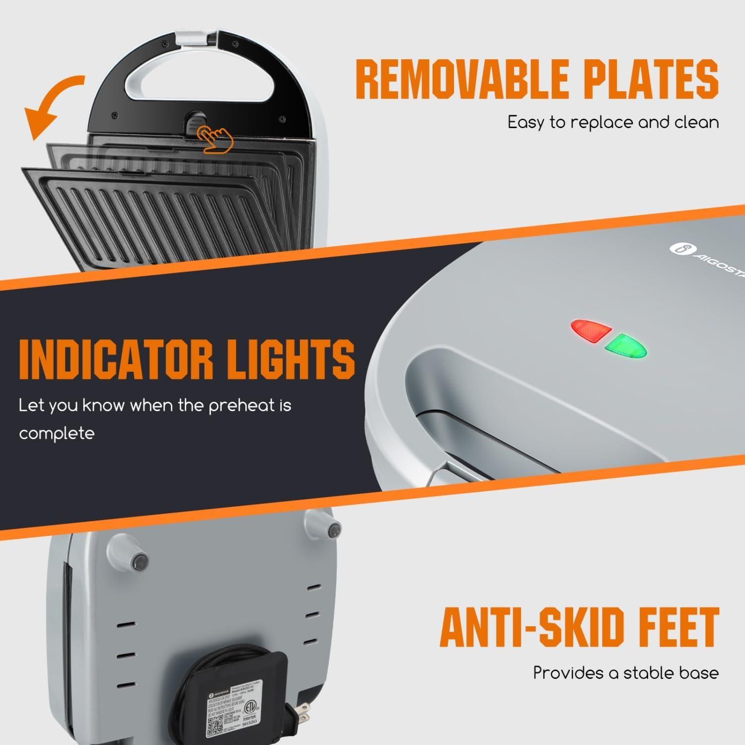 image:imageAigostar Sandwich Maker Panini Press Grill 3 in 1 Waffle Maker with Removable Nonstick Plates Electric Grilled Cheese Maker Portable Cool Touch Handle Led Indicator Lights amp Easy to Clean 750WGrey
