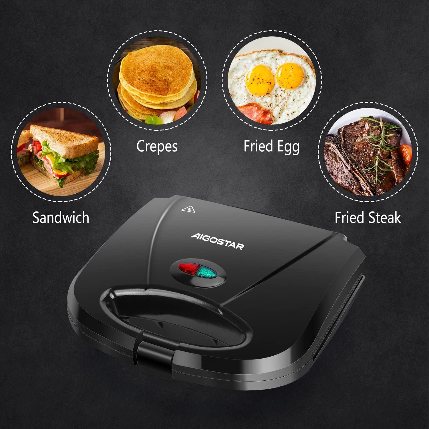 image:imageAigostar Sandwich Maker with Nonstick Deep Grid Surface for Egg Ham Steaks Compact Electric Grill Tostadora de Pan Black ETL Certificated RoyFlat