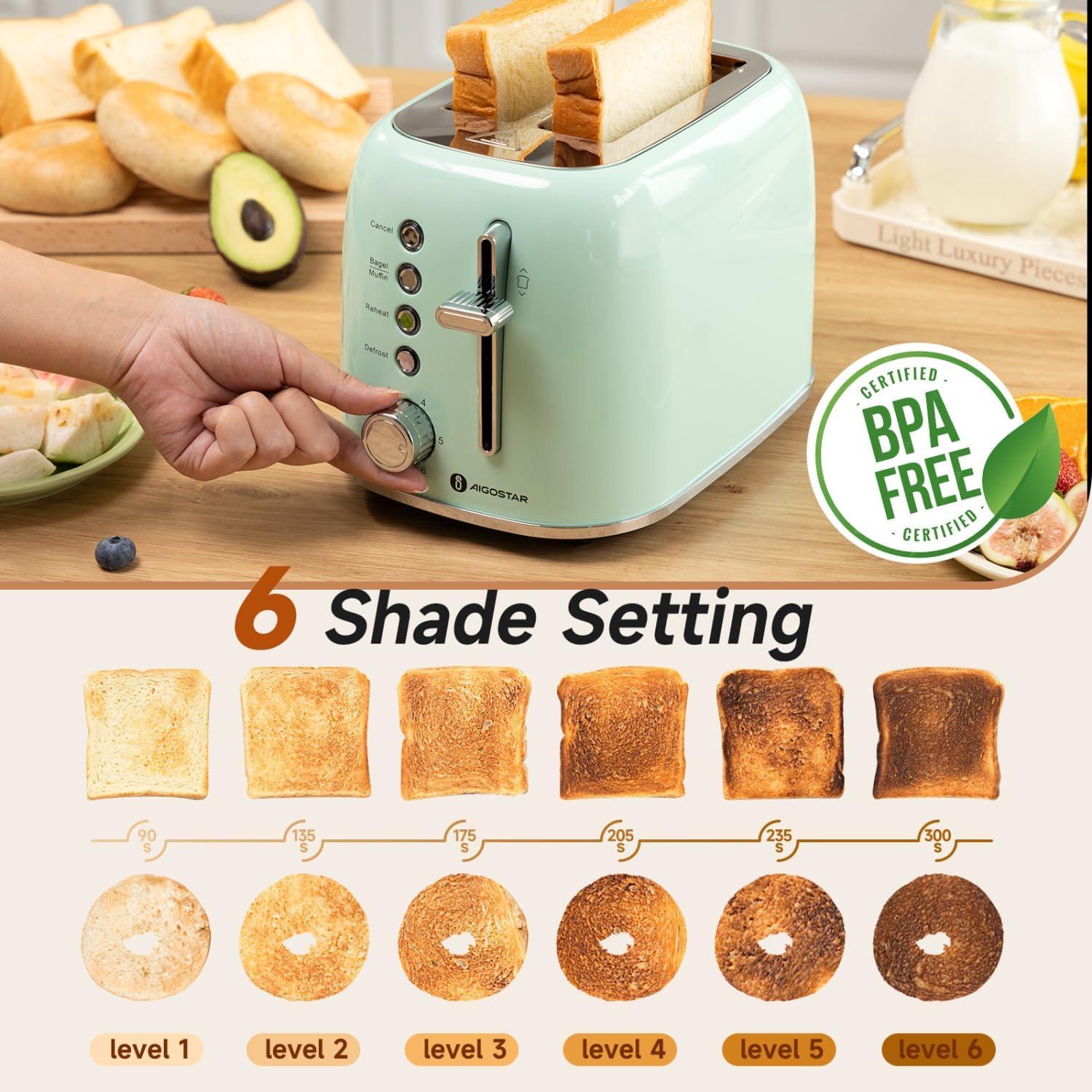 image:imageAigostar Toaster 2 Slice Retro ExtraWide Slot Toasters Best Rated Prime for Toasting Bagels Breads Waffles amp More Cancel Defrost amp 6 Browning Removable Crumb Tray Stainless Steel RedAqua Green