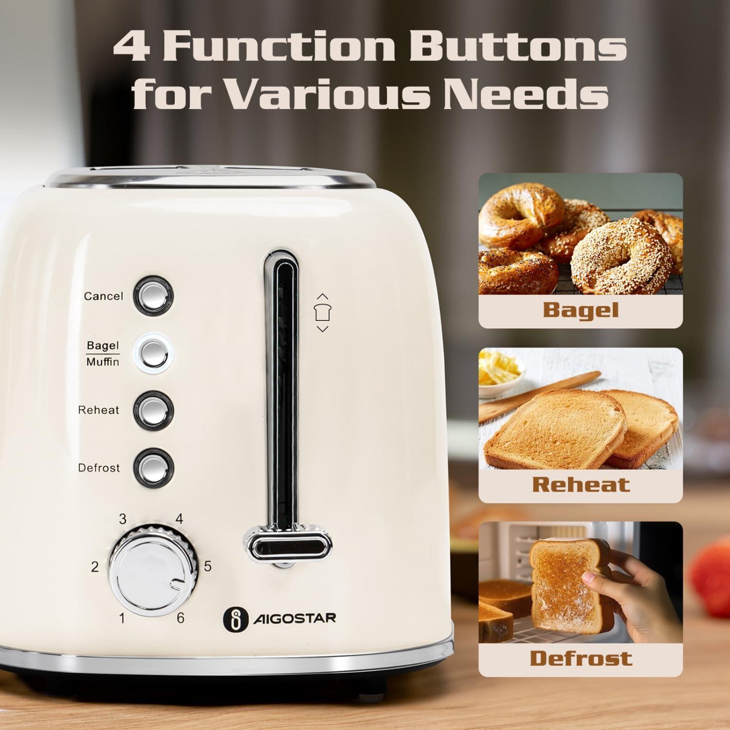 image:imageAigostar Toaster 2 Slice Retro ExtraWide Slot Toasters Best Rated Prime for Toasting Bagels Breads Waffles amp More Cancel Defrost amp 6 Browning Removable Crumb Tray Stainless Steel RedCream White
