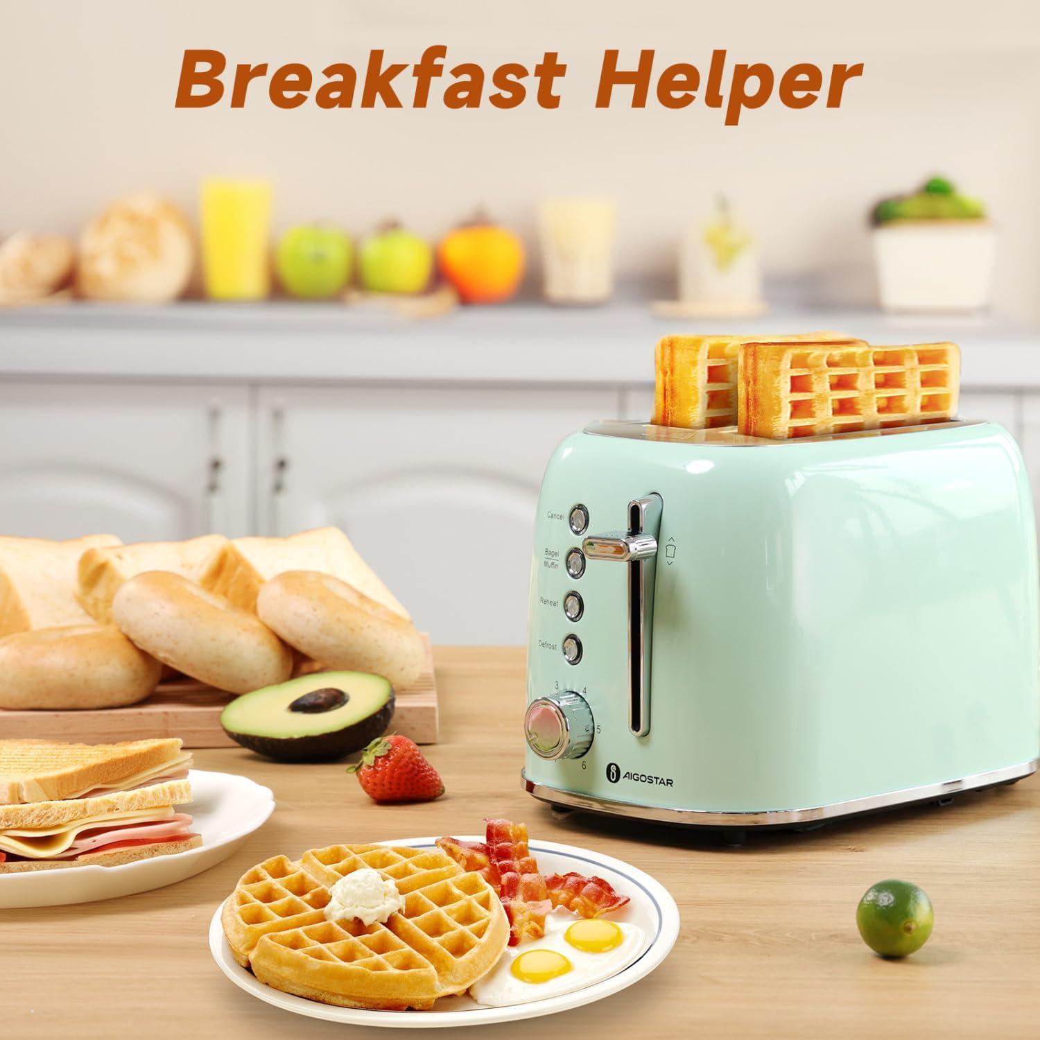 image:imageAigostar Toaster 2 Slice Retro ExtraWide Slot Toasters Best Rated Prime for Toasting Bagels Breads Waffles amp More Cancel Defrost amp 6 Browning Removable Crumb Tray Stainless Steel RedAqua Green