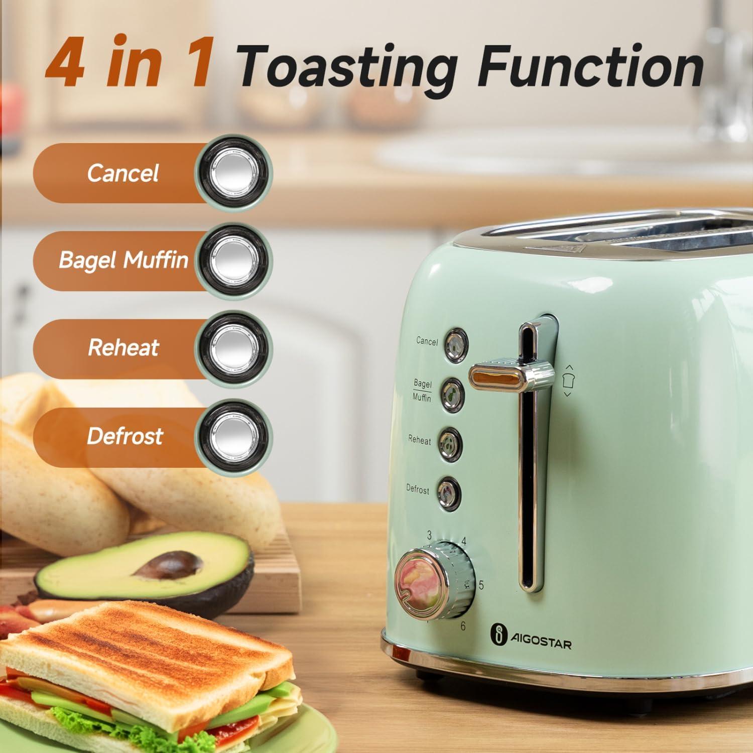 image:imageAigostar Toaster 2 Slice Retro ExtraWide Slot Toasters Best Rated Prime for Toasting Bagels Breads Waffles amp More Cancel Defrost amp 6 Browning Removable Crumb Tray Stainless Steel RedAqua Green