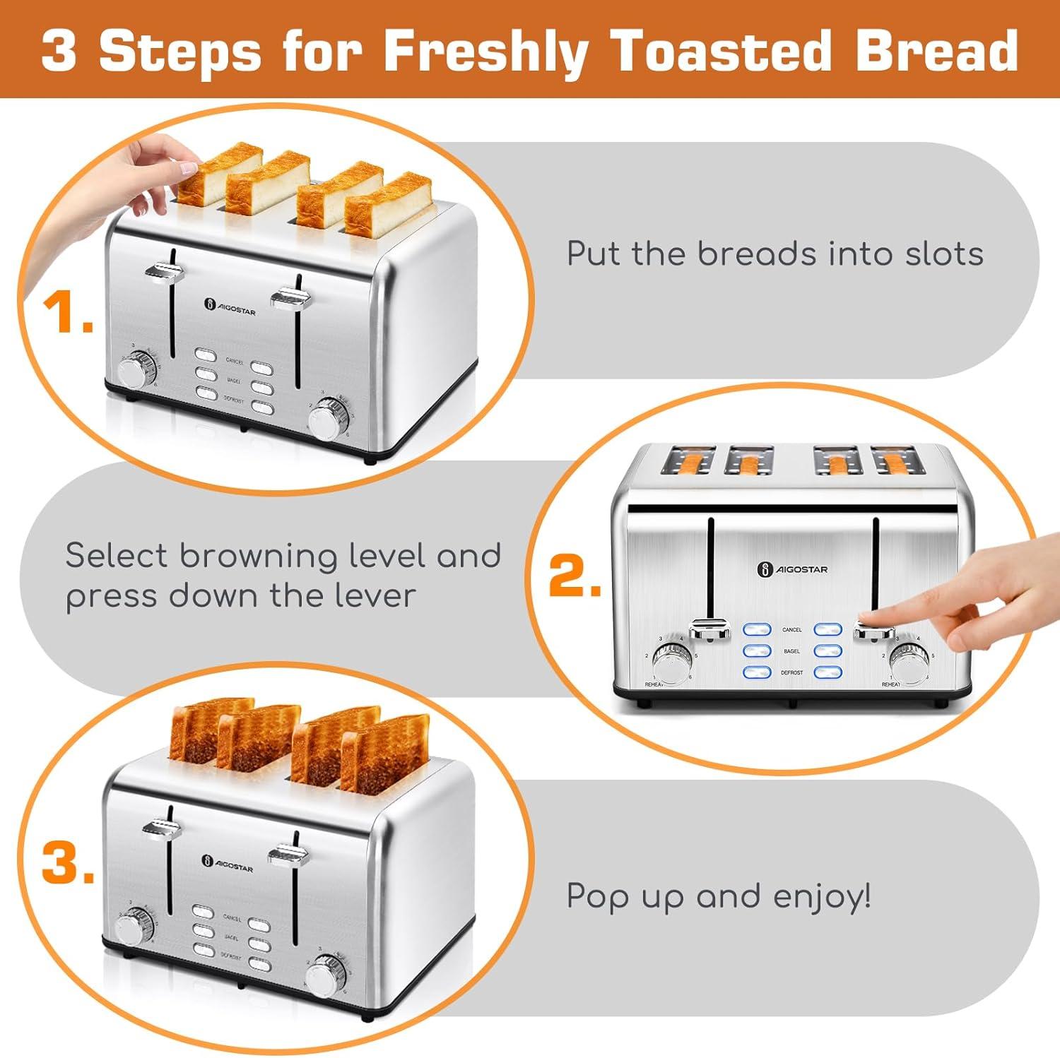 image:imageAigostar Toaster 4 Slice 16 Wide Slot Stainless Steel Toasters with Bagel Reheat Cancel Defrost Function 6 Shade Settings Removable Crumb Tray 1550W Best Rated Prime 4 Slice Toasters