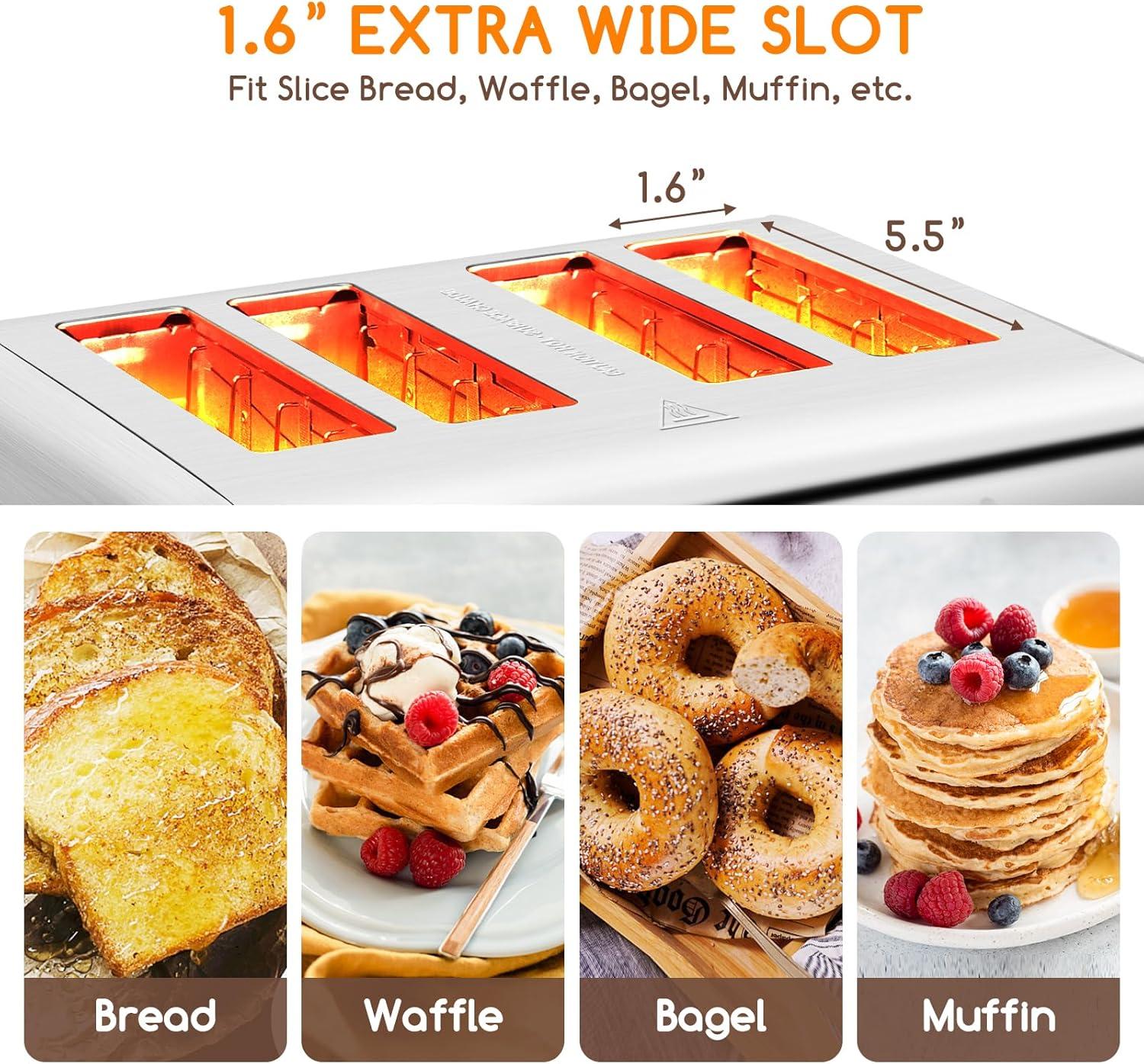 image:imageAigostar Toaster 4 Slice 16 Wide Slot Stainless Steel Toasters with Bagel Reheat Cancel Defrost Function 6 Shade Settings Removable Crumb Tray 1550W Best Rated Prime 4 Slice Toasters