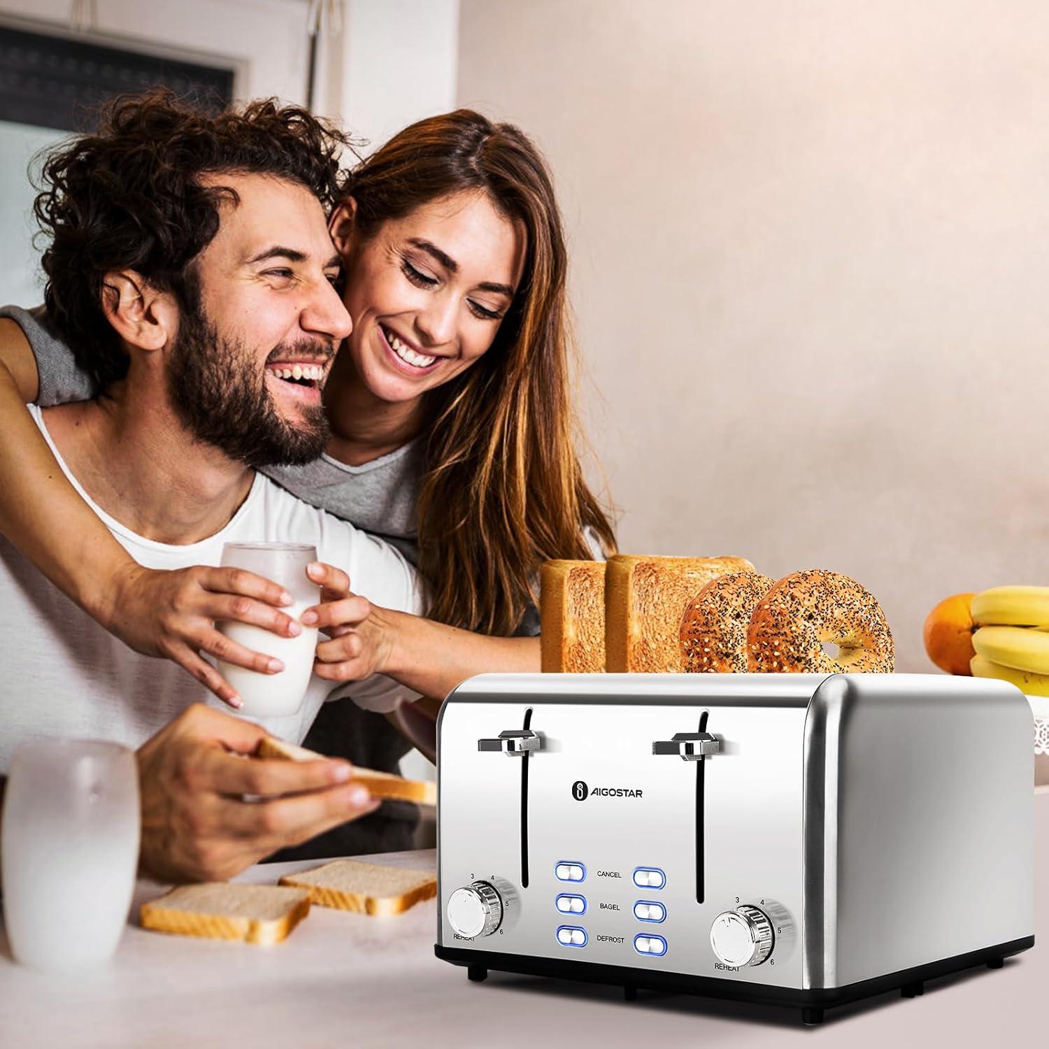 image:imageAigostar Toaster 4 Slice 16 Wide Slot Stainless Steel Toasters with Bagel Reheat Cancel Defrost Function 6 Shade Settings Removable Crumb Tray 1550W Best Rated Prime 4 Slice Toasters