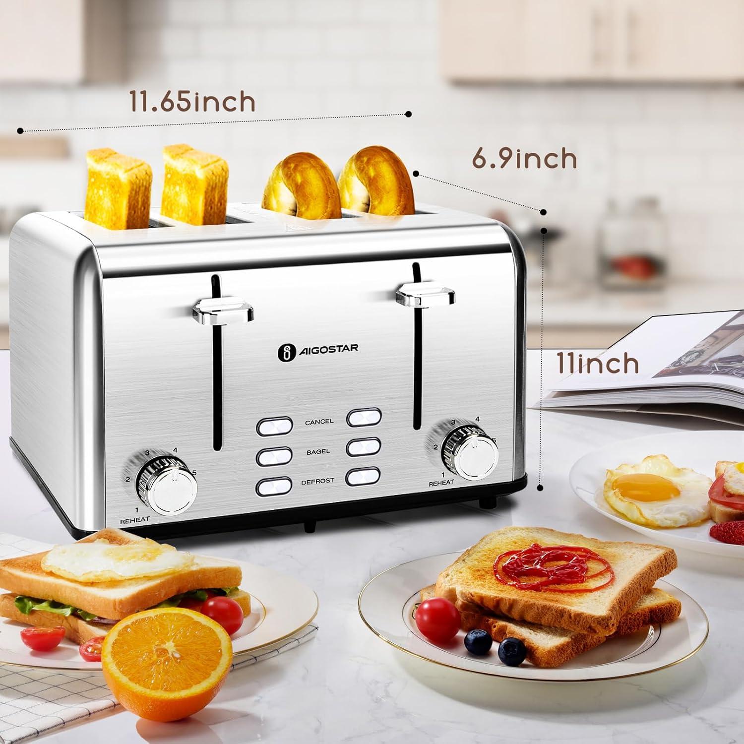 image:imageAigostar Toaster 4 Slice 16 Wide Slot Stainless Steel Toasters with Bagel Reheat Cancel Defrost Function 6 Shade Settings Removable Crumb Tray 1550W Best Rated Prime 4 Slice Toasters