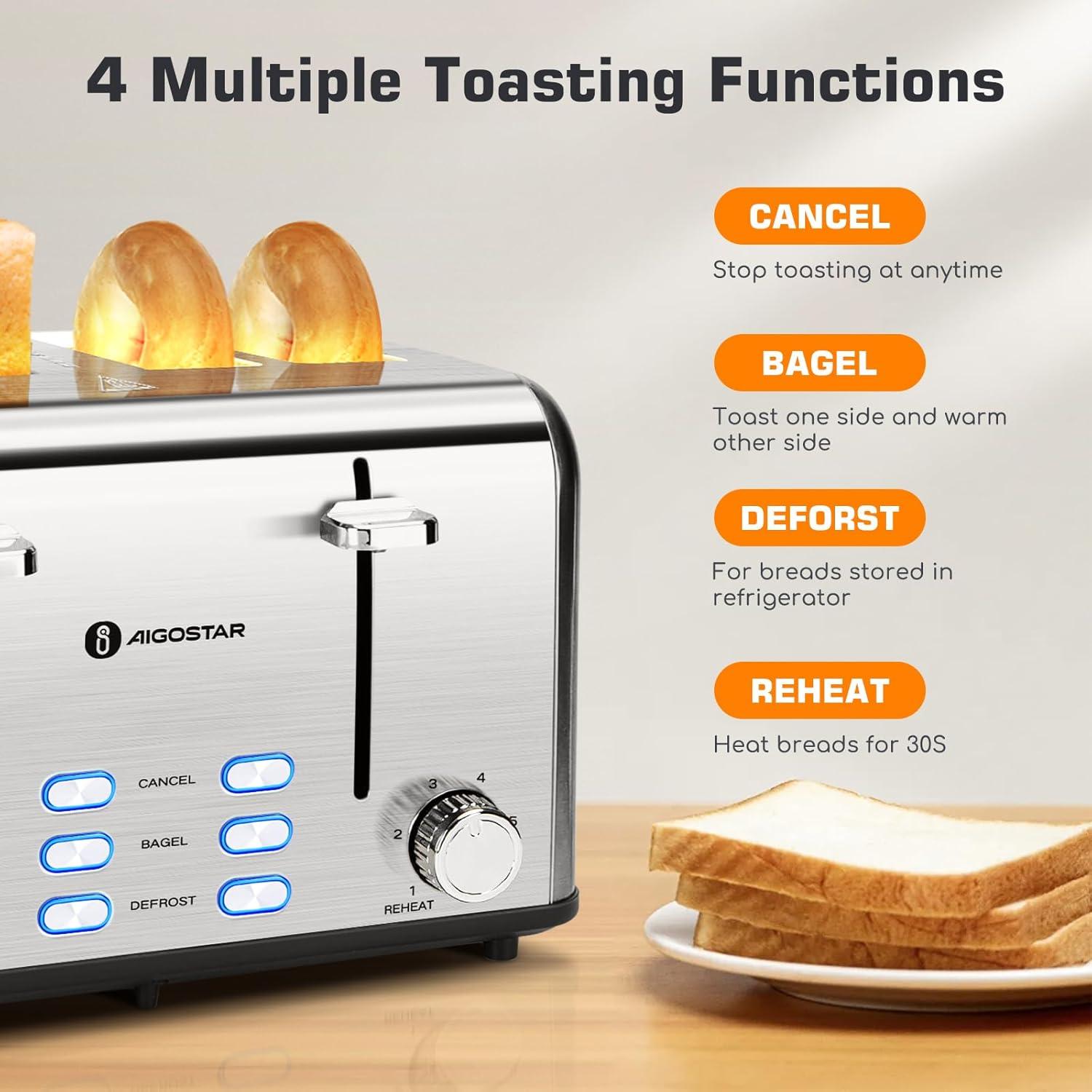 image:imageAigostar Toaster 4 Slice 16 Wide Slot Stainless Steel Toasters with Bagel Reheat Cancel Defrost Function 6 Shade Settings Removable Crumb Tray 1550W Best Rated Prime 4 Slice Toasters