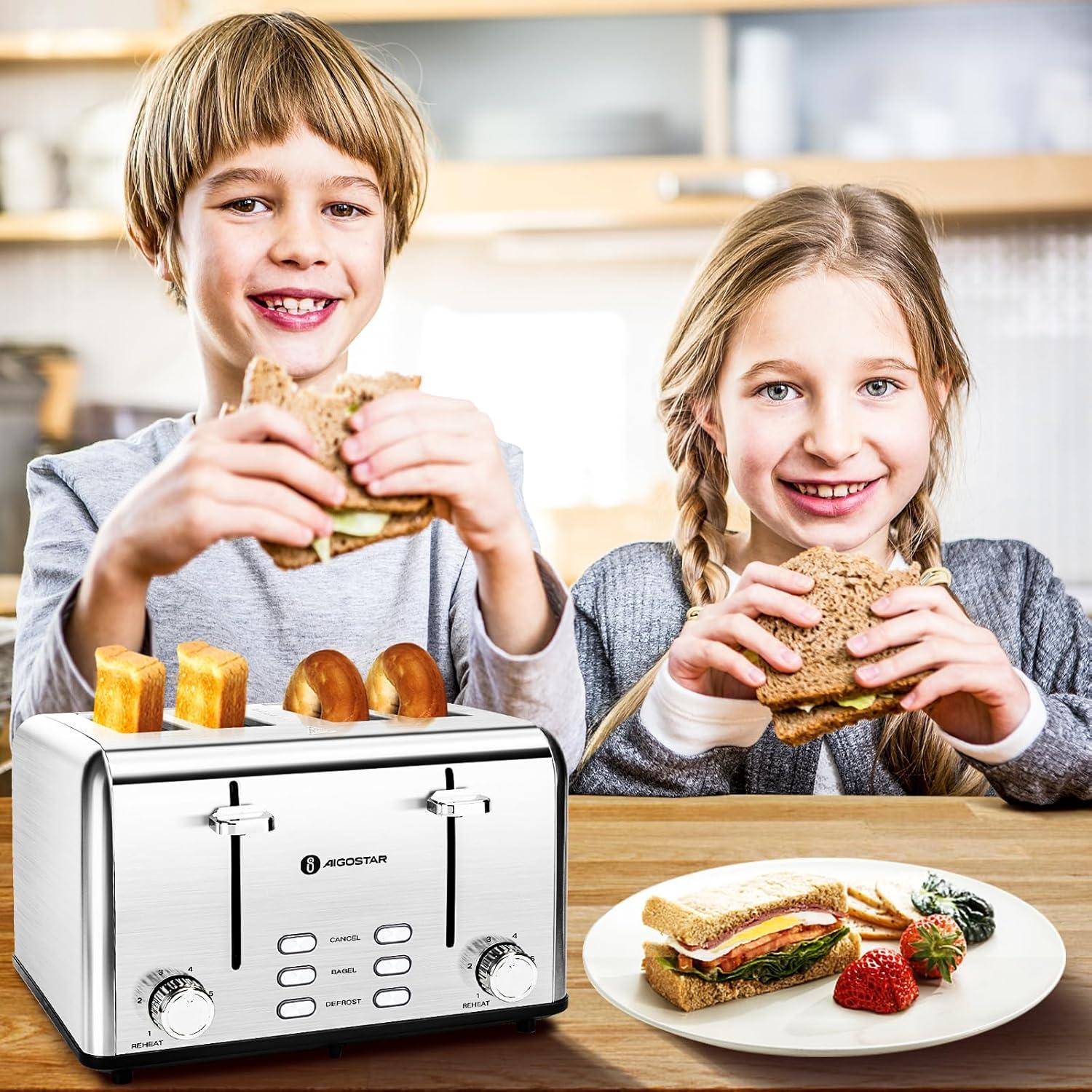 image:imageAigostar Toaster 4 Slice 16 Wide Slot Stainless Steel Toasters with Bagel Reheat Cancel Defrost Function 6 Shade Settings Removable Crumb Tray 1550W Best Rated Prime 4 Slice Toasters