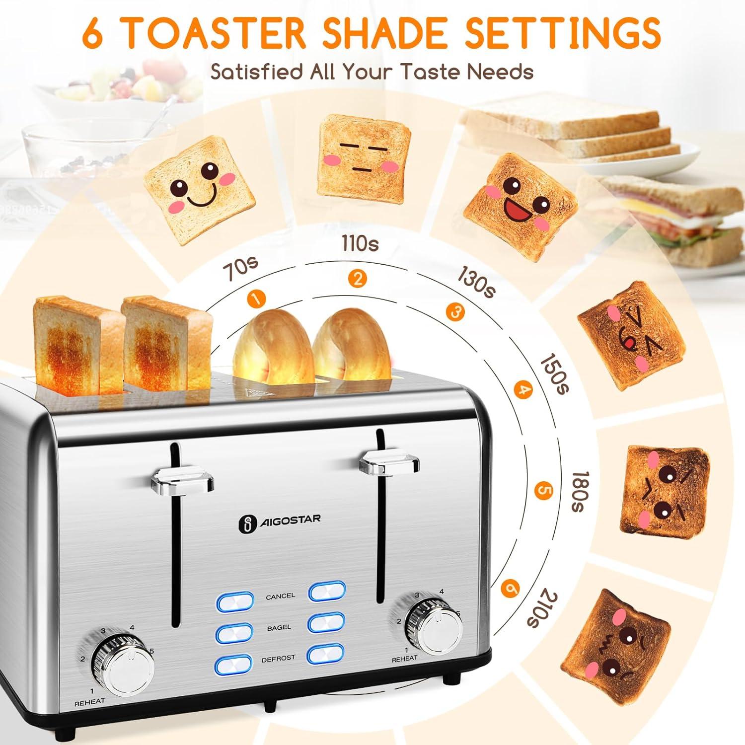 image:imageAigostar Toaster 4 Slice 16 Wide Slot Stainless Steel Toasters with Bagel Reheat Cancel Defrost Function 6 Shade Settings Removable Crumb Tray 1550W Best Rated Prime 4 Slice Toasters