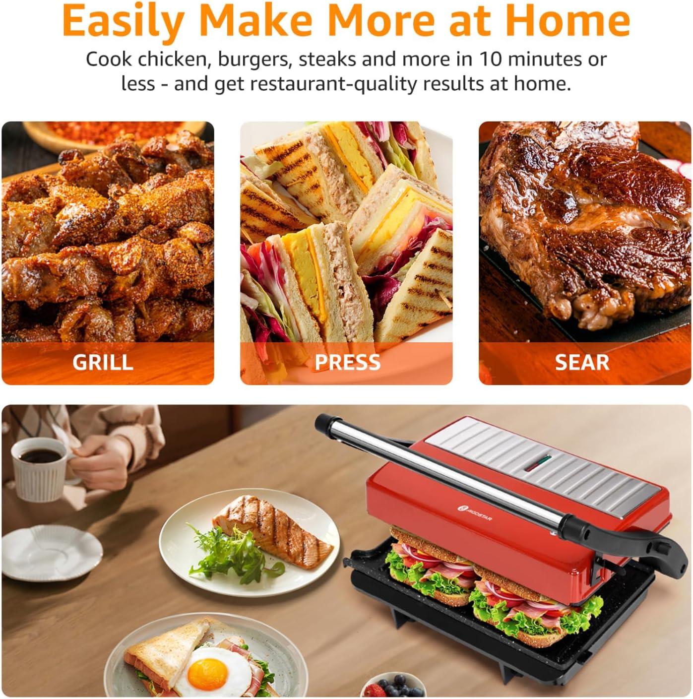 image:imagePanini Press Grill Aigostar 1000W Sandwich Maker with Ceramic Nonstick Plates Opens 180 Degrees for Any Size Food 3in1 Sandwich Press Electric Grill Drip Spout amp Locking Lid RedRed