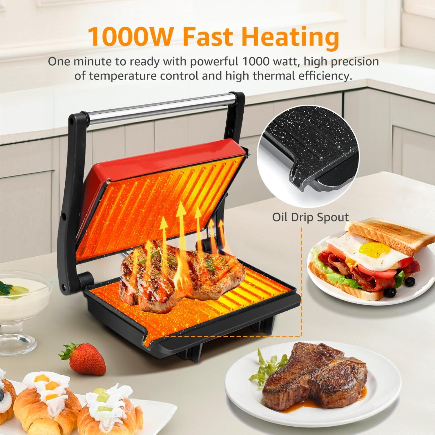 image:imagePanini Press Grill Aigostar 1000W Sandwich Maker with Ceramic Nonstick Plates Opens 180 Degrees for Any Size Food 3in1 Sandwich Press Electric Grill Drip Spout amp Locking Lid RedRed