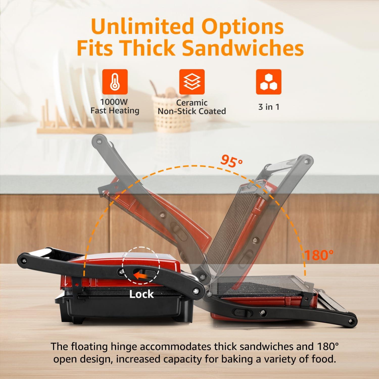 image:imagePanini Press Grill Aigostar 1000W Sandwich Maker with Ceramic Nonstick Plates Opens 180 Degrees for Any Size Food 3in1 Sandwich Press Electric Grill Drip Spout amp Locking Lid RedRed
