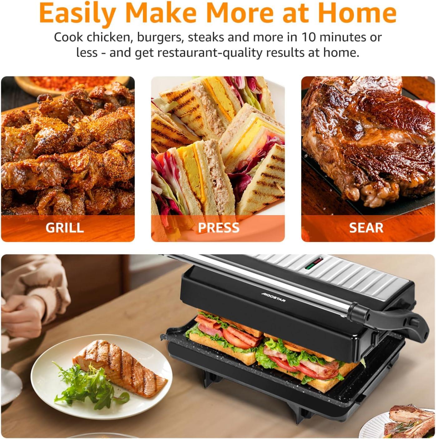 image:imagePanini Press Grill Aigostar 1000W Sandwich Maker with Ceramic Nonstick Plates Opens 180 Degrees for Any Size Food 3in1 Sandwich Press Electric Grill Drip Spout amp Locking Lid RedBlack