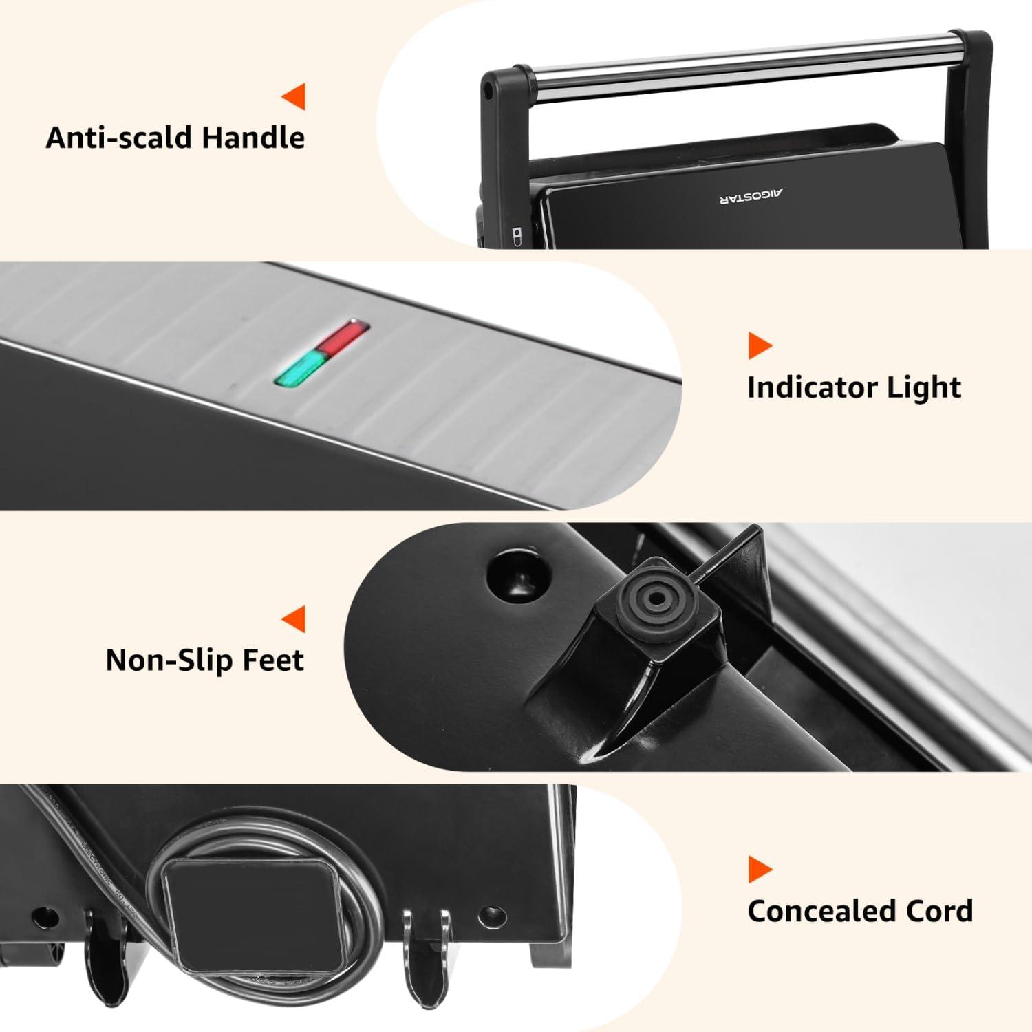 image:imagePanini Press Grill Aigostar 1000W Sandwich Maker with Ceramic Nonstick Plates Opens 180 Degrees for Any Size Food 3in1 Sandwich Press Electric Grill Drip Spout amp Locking Lid RedBlack
