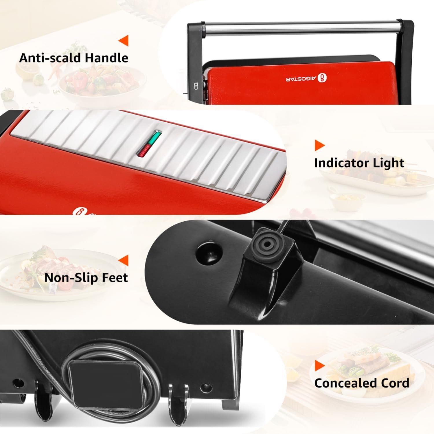 image:imagePanini Press Grill Aigostar 1000W Sandwich Maker with Ceramic Nonstick Plates Opens 180 Degrees for Any Size Food 3in1 Sandwich Press Electric Grill Drip Spout amp Locking Lid RedRed