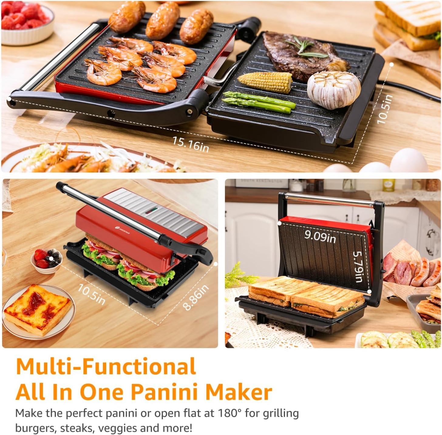 image:imagePanini Press Grill Aigostar 1000W Sandwich Maker with Ceramic Nonstick Plates Opens 180 Degrees for Any Size Food 3in1 Sandwich Press Electric Grill Drip Spout amp Locking Lid RedRed