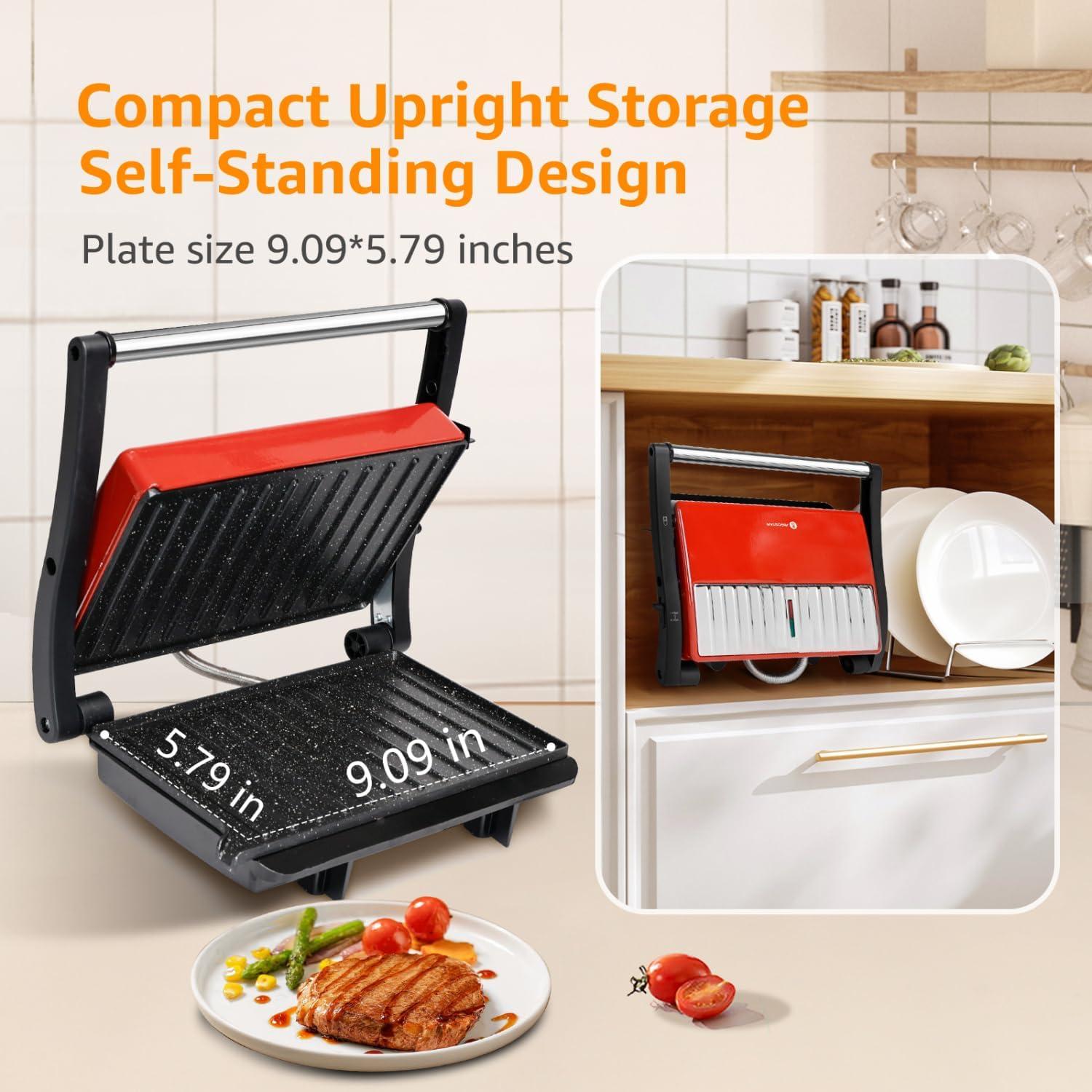 image:imagePanini Press Grill Aigostar 1000W Sandwich Maker with Ceramic Nonstick Plates Opens 180 Degrees for Any Size Food 3in1 Sandwich Press Electric Grill Drip Spout amp Locking Lid RedRed