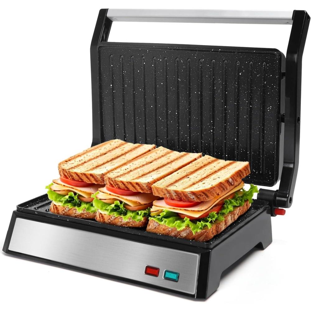 image:imageAigostar Panini Press 1200W Sandwich Maker and Electric Indoor Grill with Ceramic NonStick Coated Plates Opens 180to Fit Any Size of Food Stainless Steel Surface amp Removable Drip Tray Silver