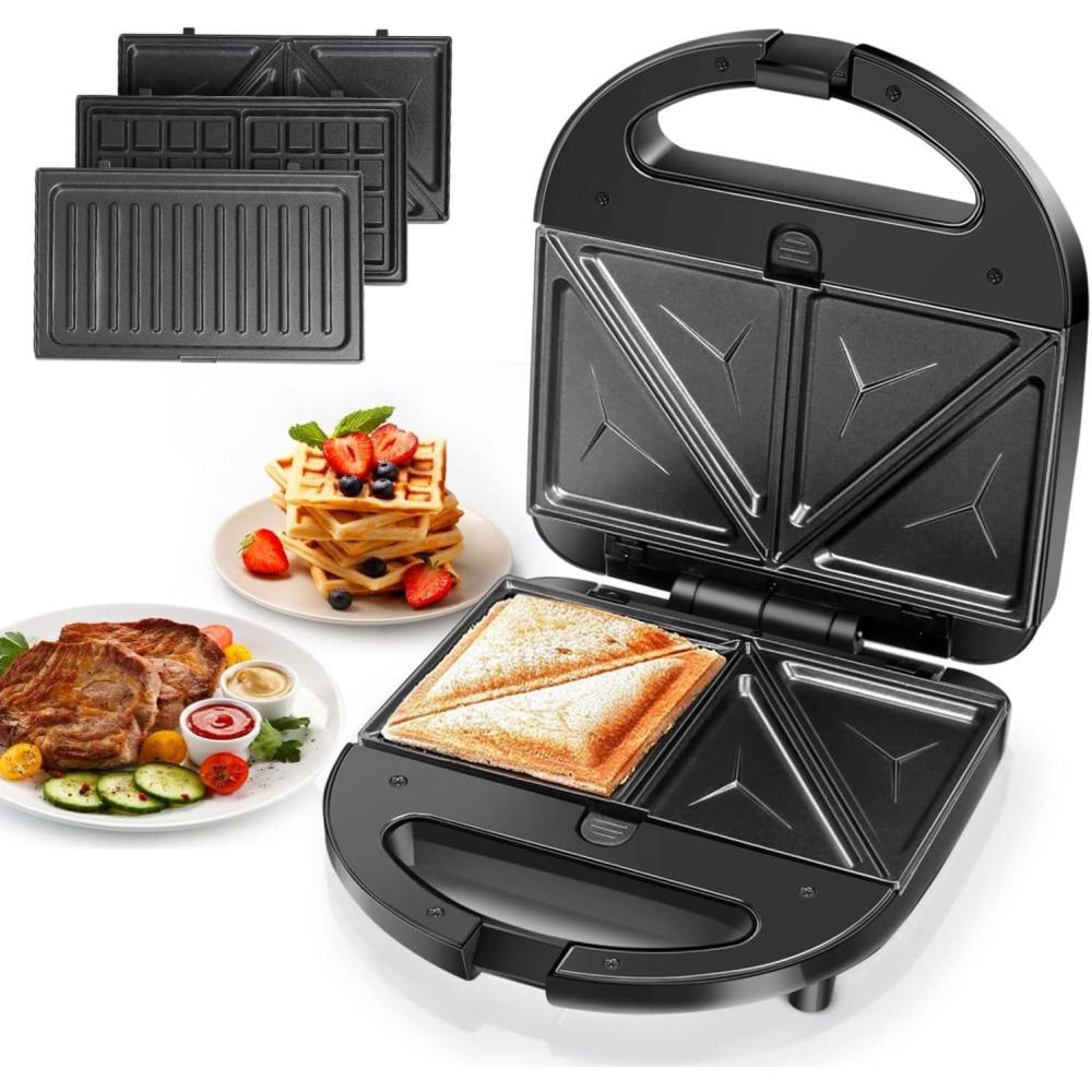 image:imageAigostar Sandwich Maker Panini Press Grill 3 in 1 Waffle Maker with Removable Nonstick Plates Electric Grilled Cheese Maker Portable Cool Touch Handle Led Indicator Lights amp Easy to Clean 750WBlack