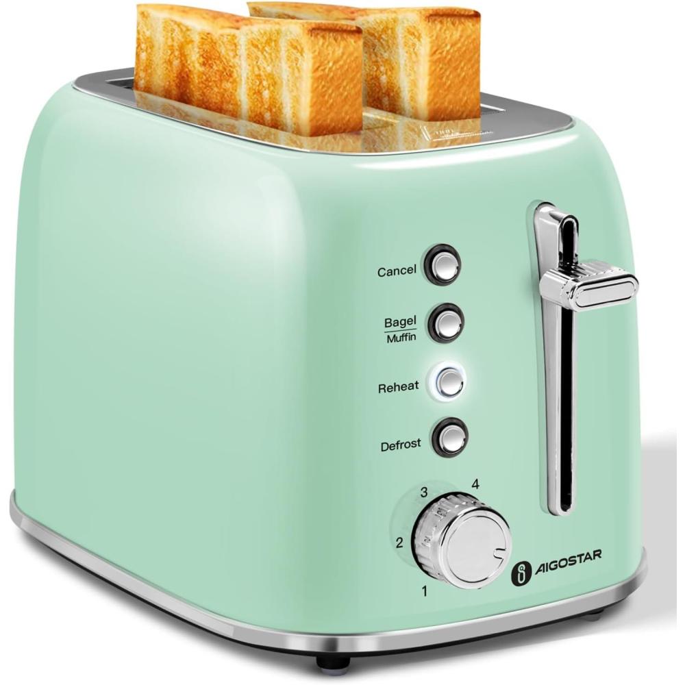 image:imageAigostar Toaster 2 Slice Retro ExtraWide Slot Toasters Best Rated Prime for Toasting Bagels Breads Waffles amp More Cancel Defrost amp 6 Browning Removable Crumb Tray Stainless Steel RedAqua Green