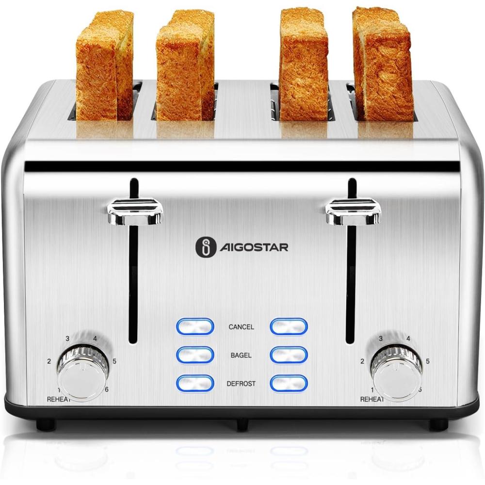 image:imageAigostar Toaster 4 Slice 16 Wide Slot Stainless Steel Toasters with Bagel Reheat Cancel Defrost Function 6 Shade Settings Removable Crumb Tray 1550W Best Rated Prime 4 Slice Toasters