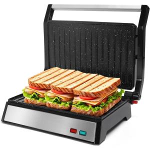 image:imageAigostar Panini Press 1200W Sandwich Maker and Electric Indoor Grill with Ceramic NonStick Coated Plates Opens 180to Fit Any Size of Food Stainless Steel Surface amp Removable Drip Tray Silver