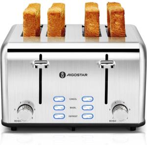 image:imageAigostar Toaster 4 Slice 16 Wide Slot Stainless Steel Toasters with Bagel Reheat Cancel Defrost Function 6 Shade Settings Removable Crumb Tray 1550W Best Rated Prime 4 Slice Toasters