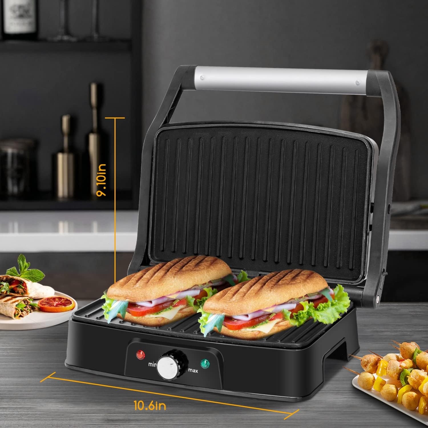 image:imageAigostar Electric Panini Press 1500W Stainless Steel Sandwich Maker with Adjustable Temperature Setting Opens 180 Degree Indoor Grill with Nonstick Plates Removable Drip Tray and Indicator Lights