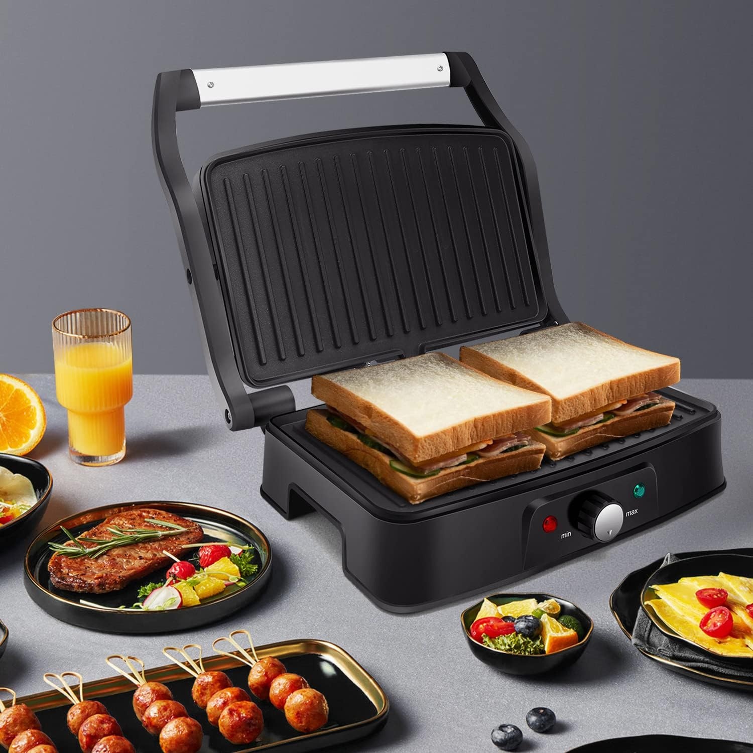 image:imageAigostar Electric Panini Press 1500W Stainless Steel Sandwich Maker with Adjustable Temperature Setting Opens 180 Degree Indoor Grill with Nonstick Plates Removable Drip Tray and Indicator Lights