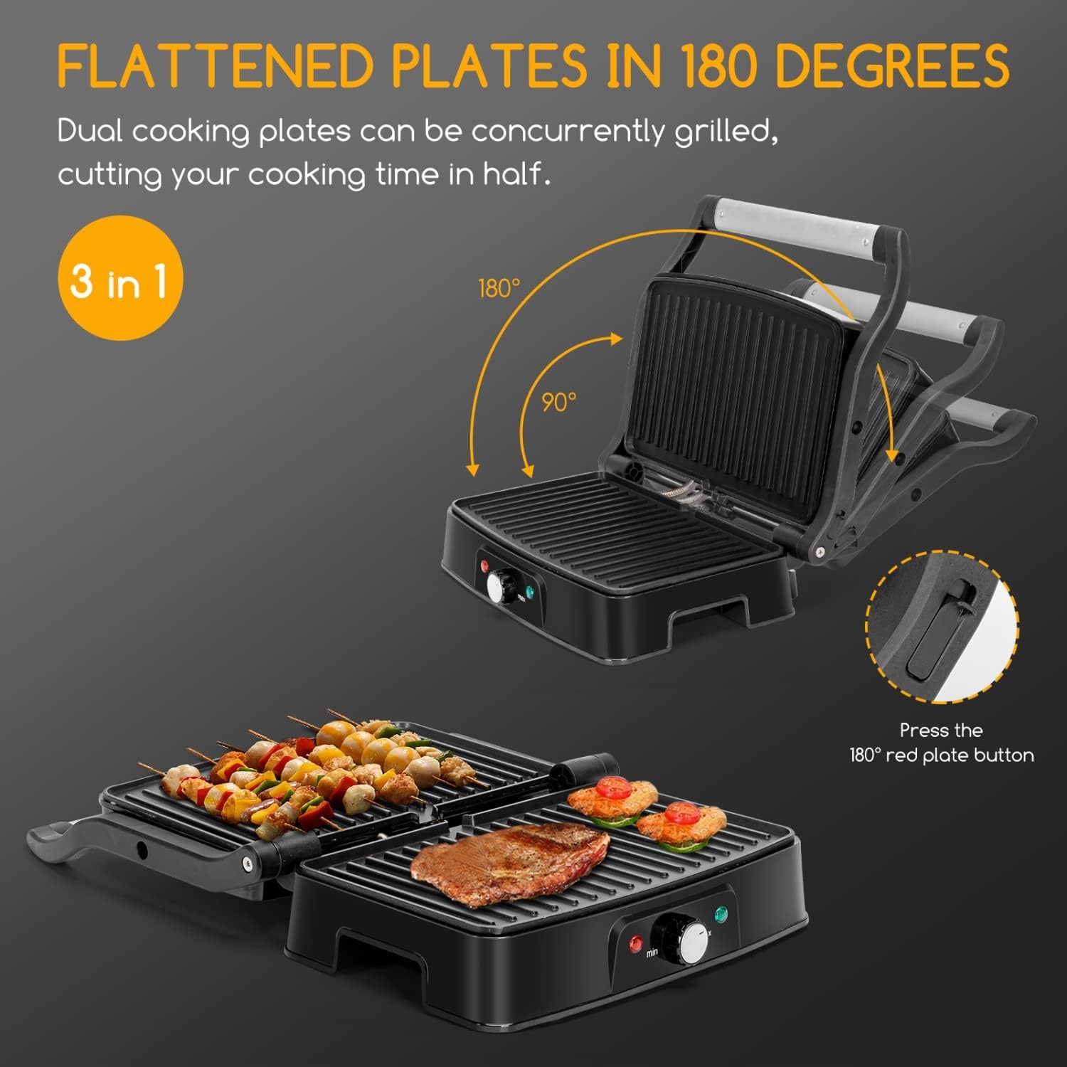 image:imageAigostar Electric Panini Press 1500W Stainless Steel Sandwich Maker with Adjustable Temperature Setting Opens 180 Degree Indoor Grill with Nonstick Plates Removable Drip Tray and Indicator Lights