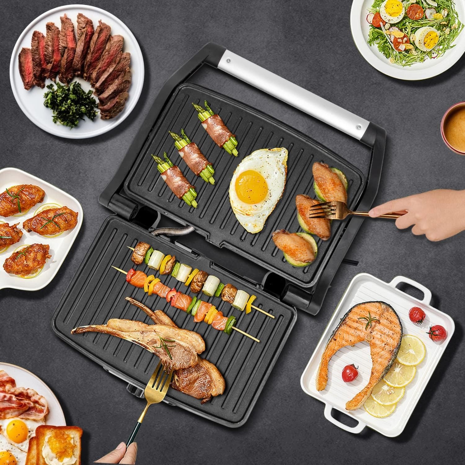 image:imageAigostar Electric Panini Press 1500W Stainless Steel Sandwich Maker with Adjustable Temperature Setting Opens 180 Degree Indoor Grill with Nonstick Plates Removable Drip Tray and Indicator Lights
