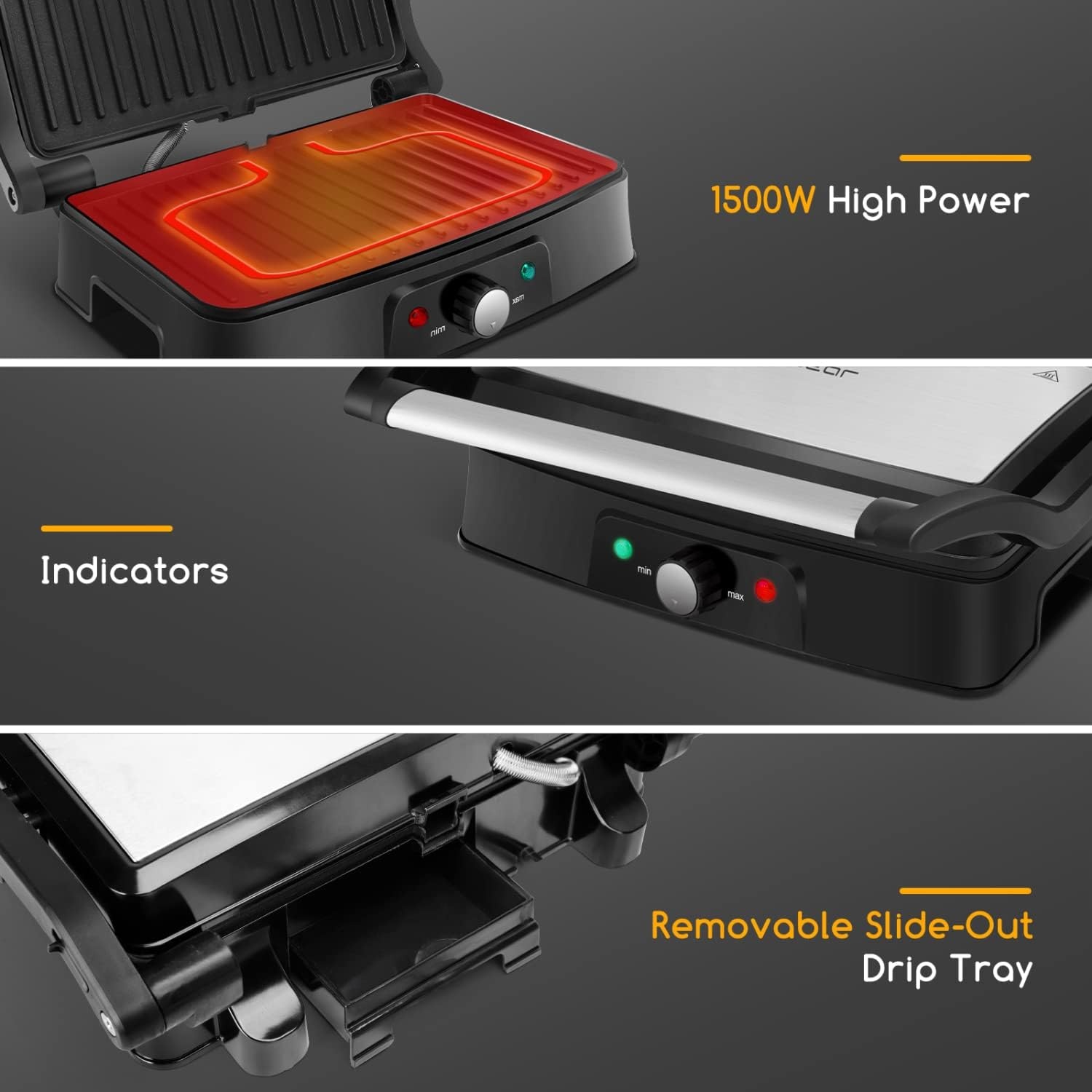 image:imageAigostar Electric Panini Press 1500W Stainless Steel Sandwich Maker with Adjustable Temperature Setting Opens 180 Degree Indoor Grill with Nonstick Plates Removable Drip Tray and Indicator Lights