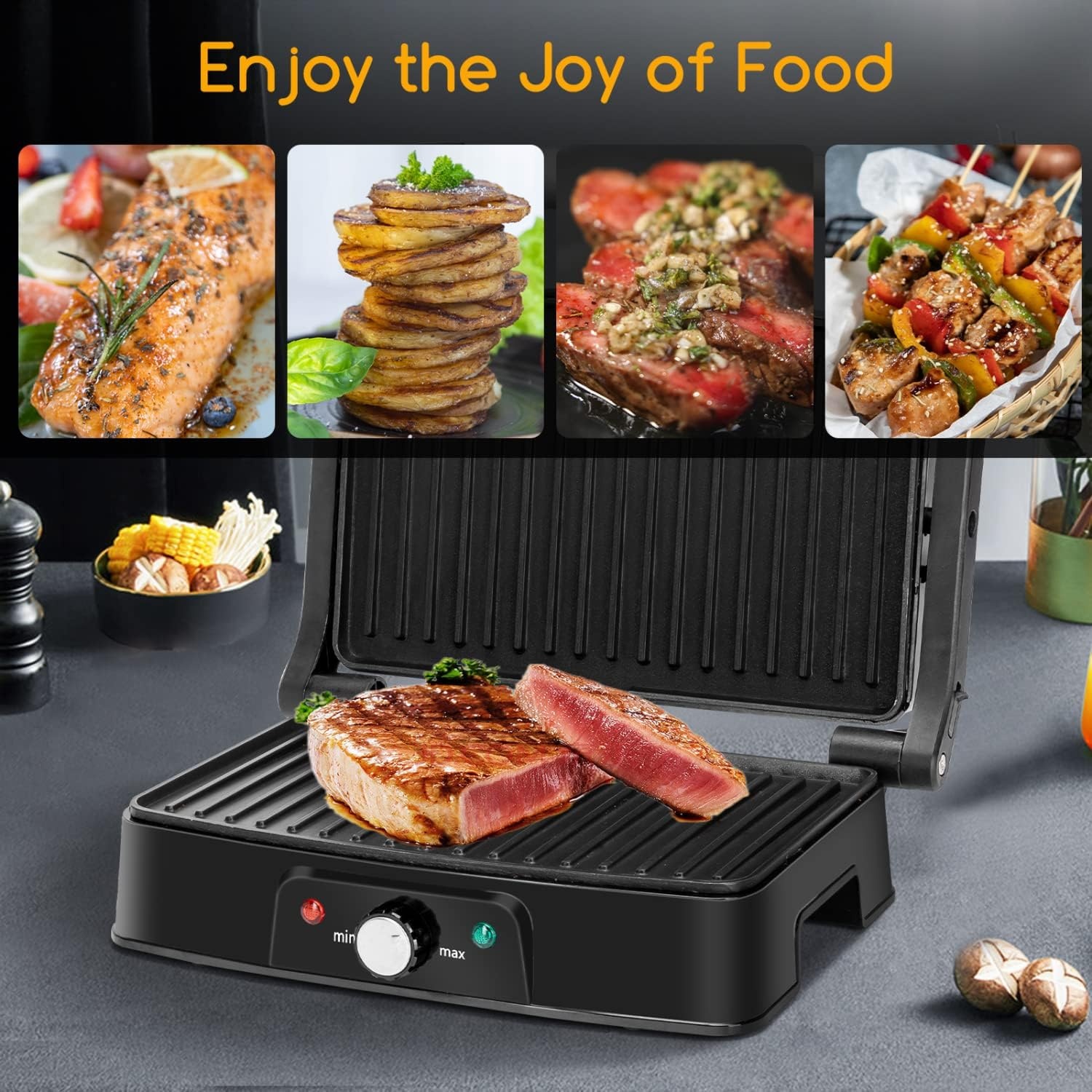 image:imageAigostar Electric Panini Press 1500W Stainless Steel Sandwich Maker with Adjustable Temperature Setting Opens 180 Degree Indoor Grill with Nonstick Plates Removable Drip Tray and Indicator Lights