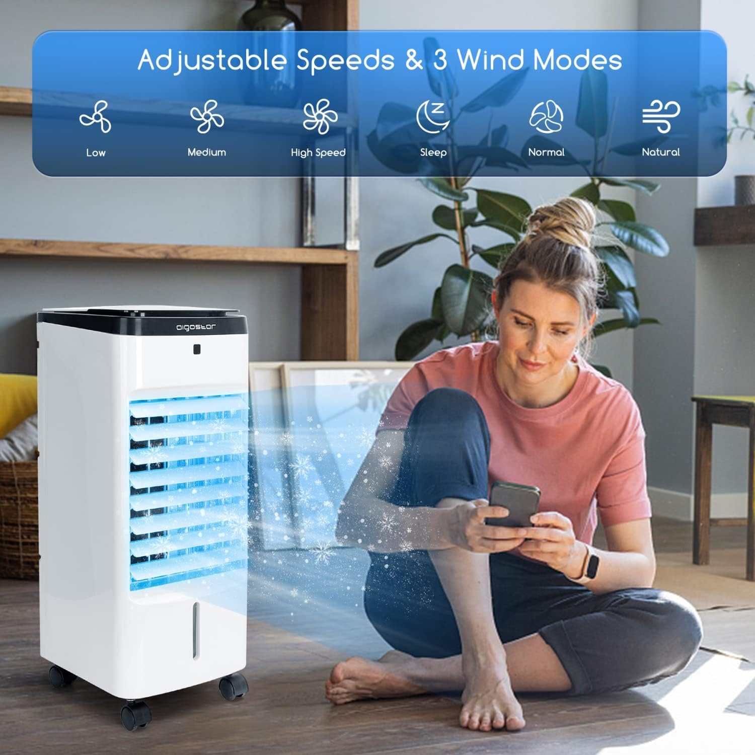 image:imageAigostar Evaporative Air Cooler 3 In 1 Windowless Portable Swamp Cooler with Remote Control Cooling Tower Fan with 3 Modes Humidification 3 Speeds 12H Timer 2 Water Tanks 65Oscillation