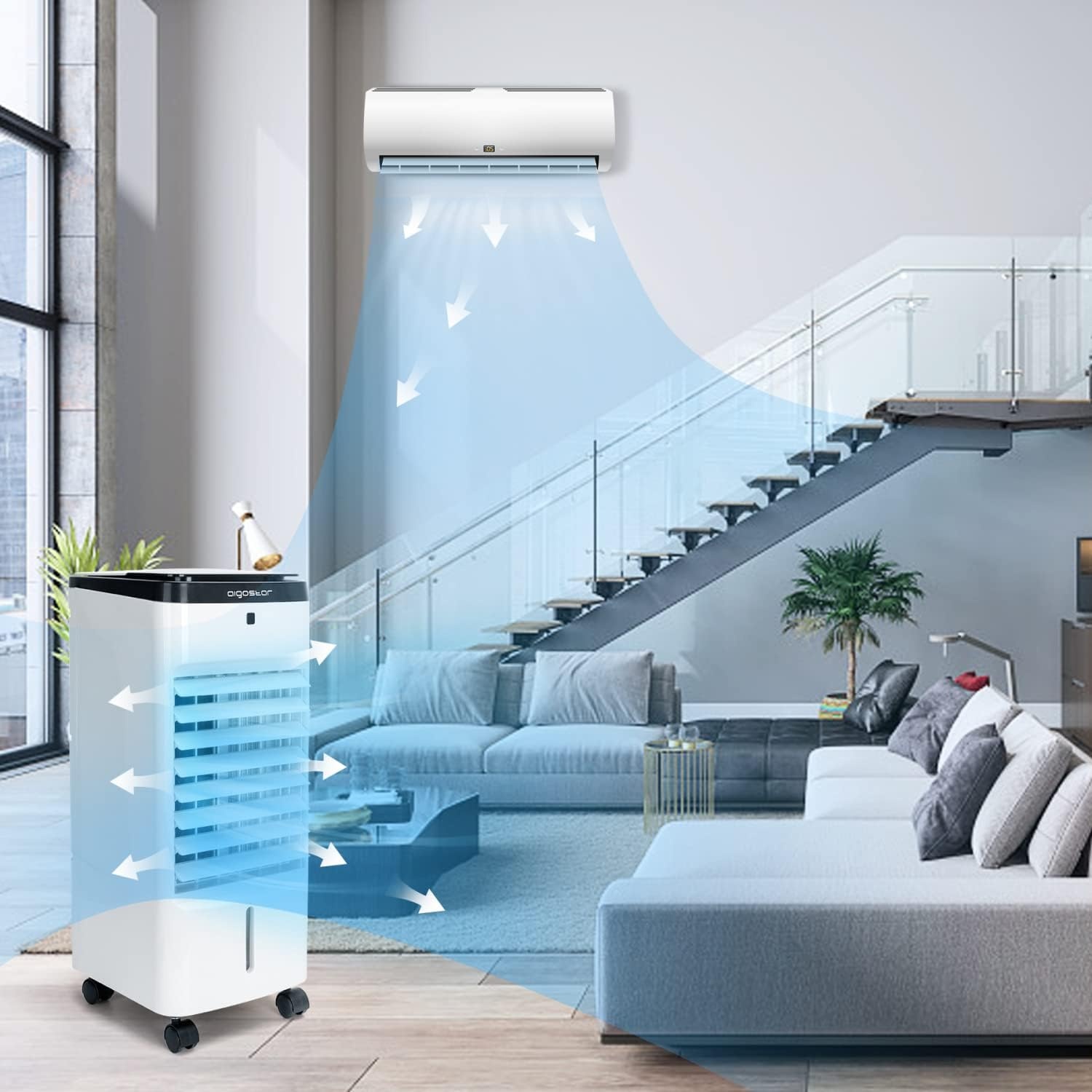 image:imageAigostar Evaporative Air Cooler 3 In 1 Windowless Portable Swamp Cooler with Remote Control Cooling Tower Fan with 3 Modes Humidification 3 Speeds 12H Timer 2 Water Tanks 65Oscillation