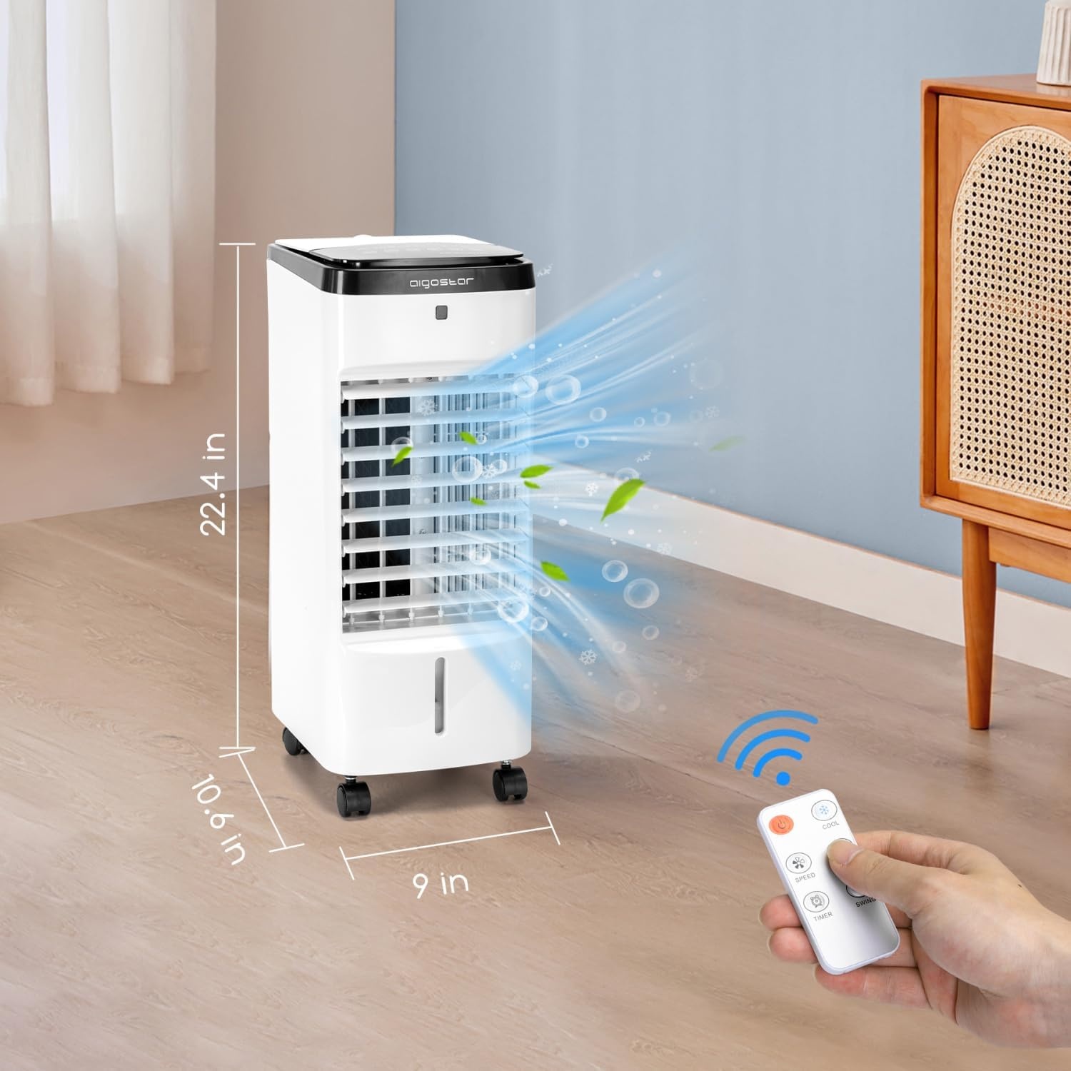 image:imageAigostar Evaporative Air Cooler 3 In 1 Windowless Portable Swamp Cooler with Remote Control Cooling Tower Fan with 3 Modes Humidification 3 Speeds 12H Timer 2 Water Tanks 65Oscillation