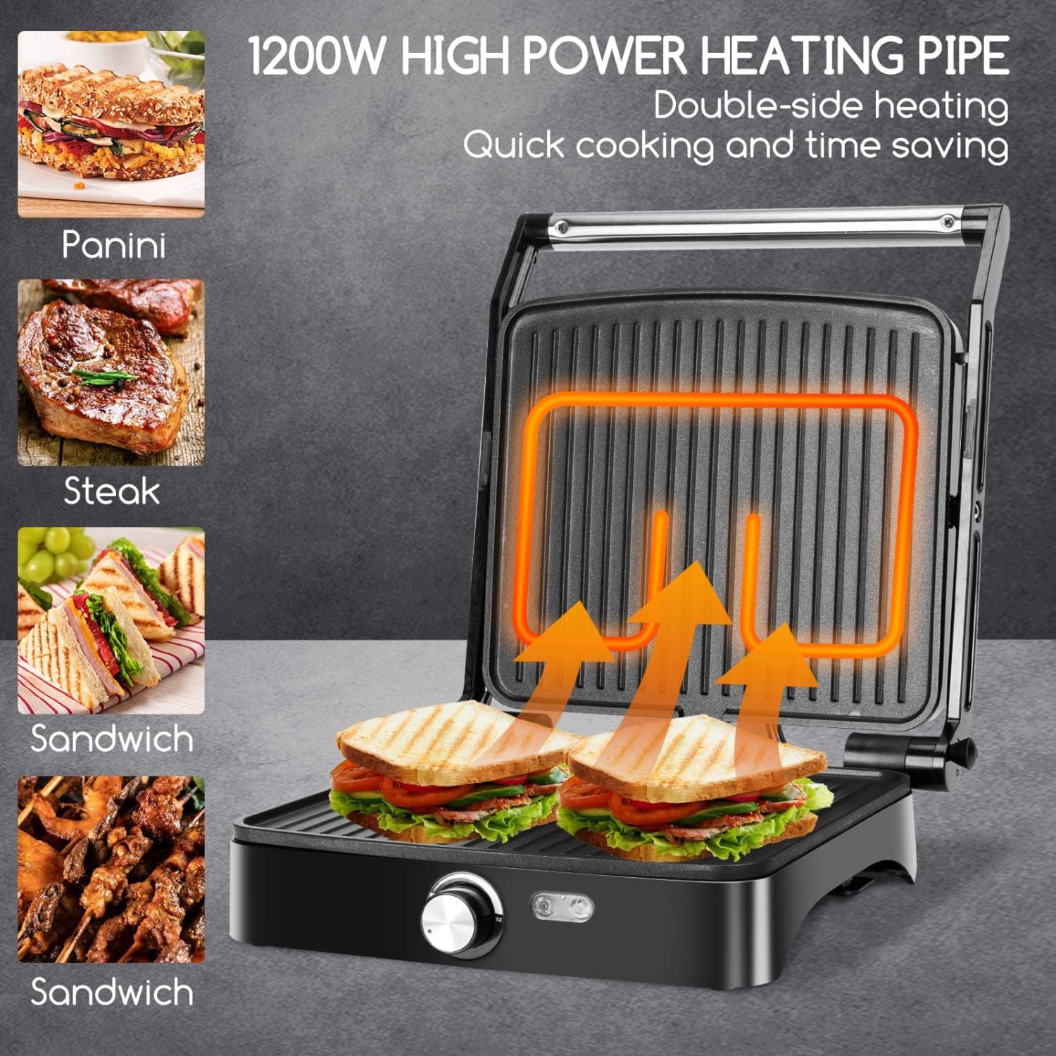 image:imageAigostar Panini Press Grill 4 Slice 1200W Sandwich Maker with NonStick Plates Temperature Control Opens 180 Degrees Indoor Grill Removable Drip Tray Indicator Lights cool touch handle