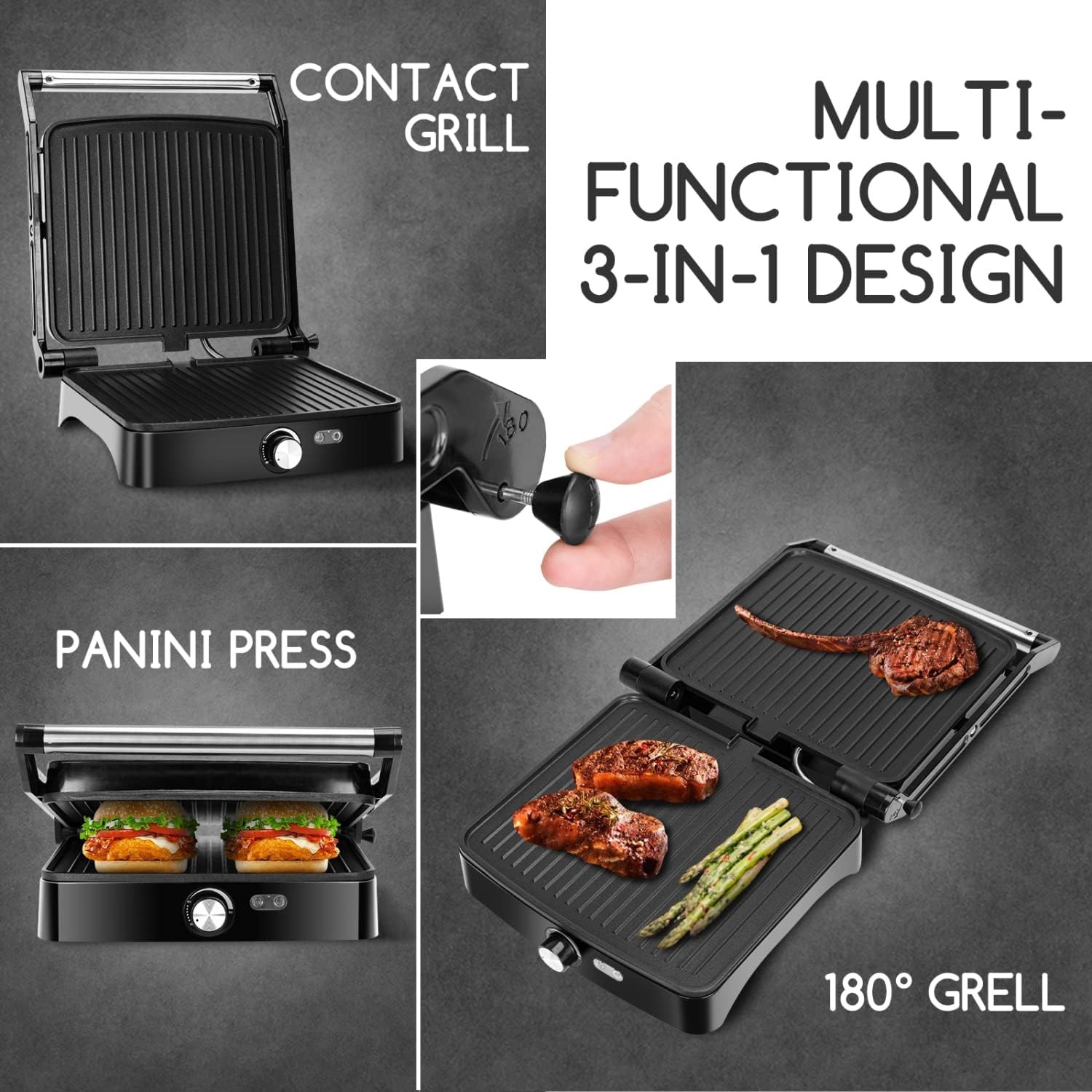 image:imageAigostar Panini Press Grill 4 Slice 1200W Sandwich Maker with NonStick Plates Temperature Control Opens 180 Degrees Indoor Grill Removable Drip Tray Indicator Lights cool touch handle