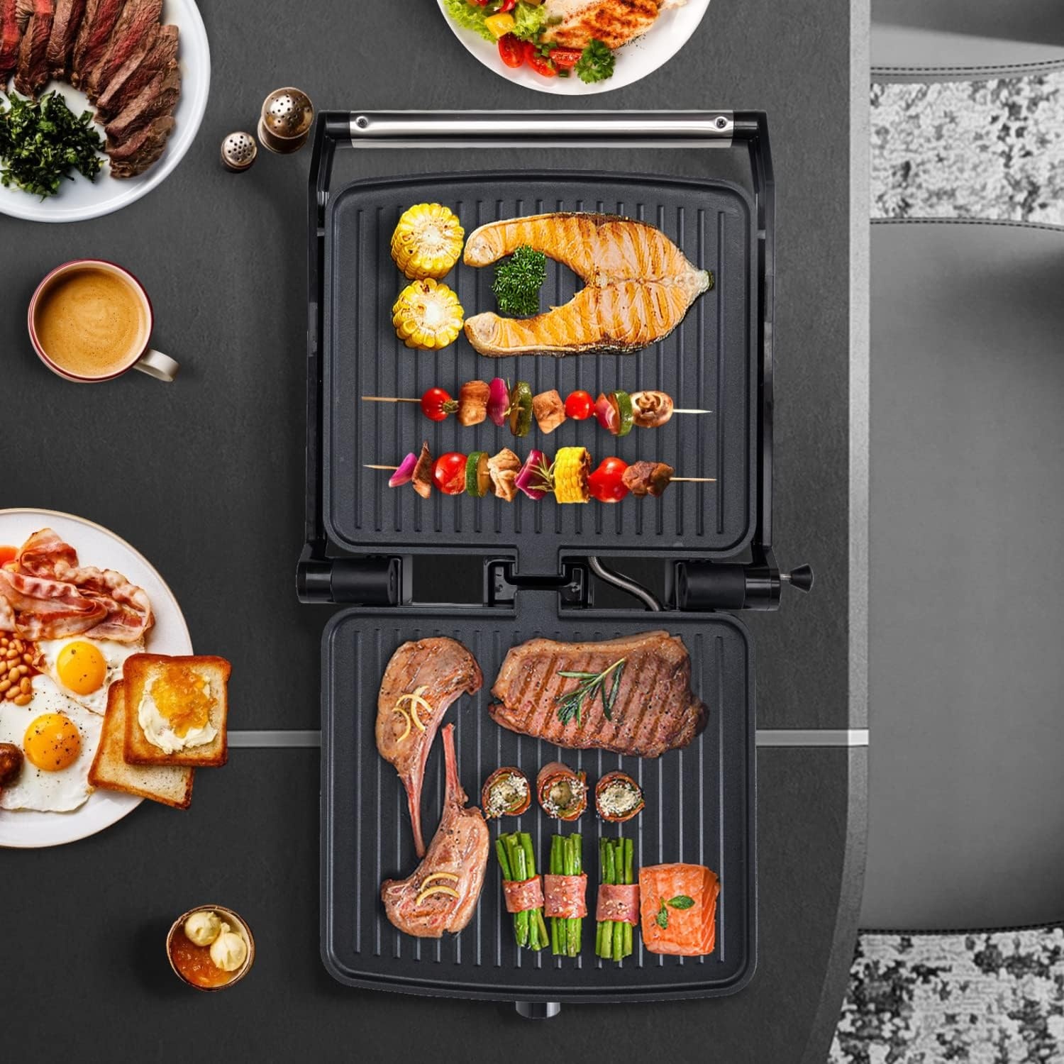 image:imageAigostar Panini Press Grill 4 Slice 1200W Sandwich Maker with NonStick Plates Temperature Control Opens 180 Degrees Indoor Grill Removable Drip Tray Indicator Lights cool touch handle